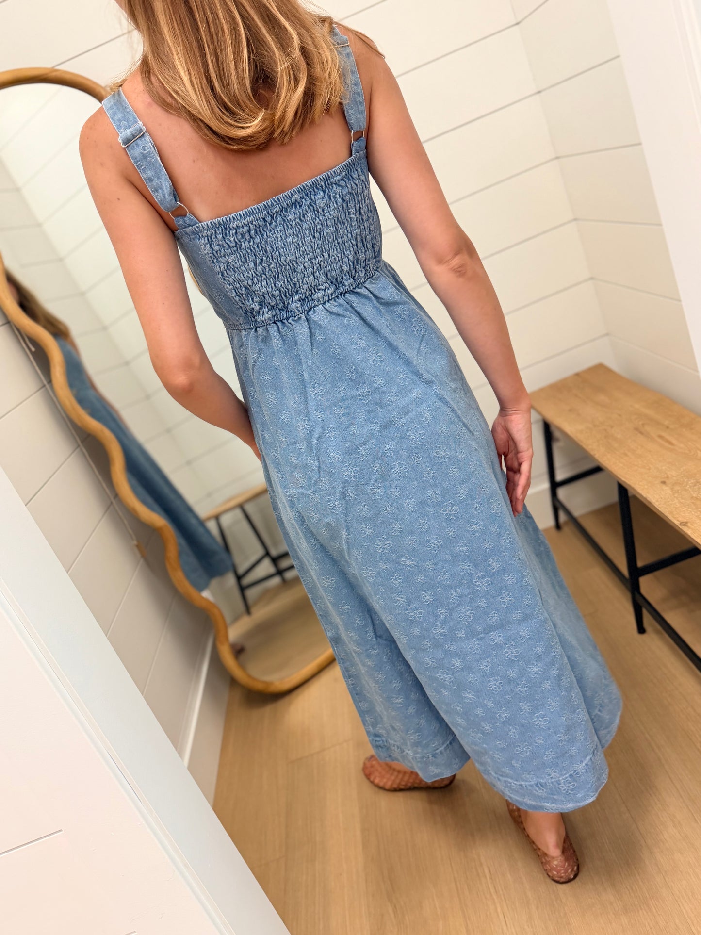 Floral Denim Jacquard Sweetheart Midi Dress