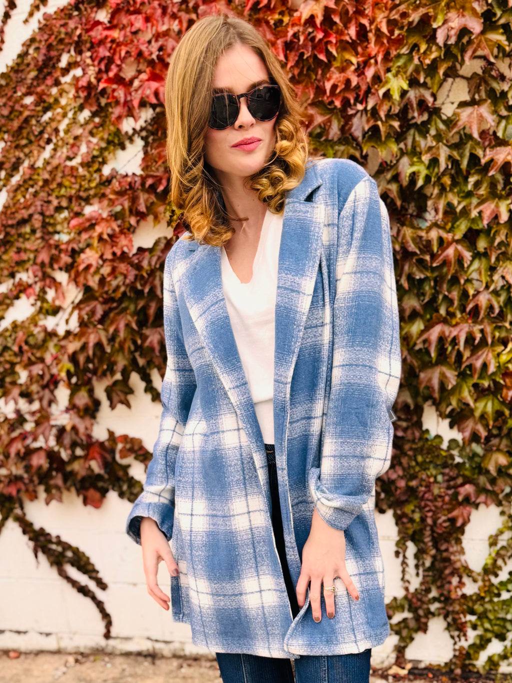 Blue Check Brush Oversized Coat