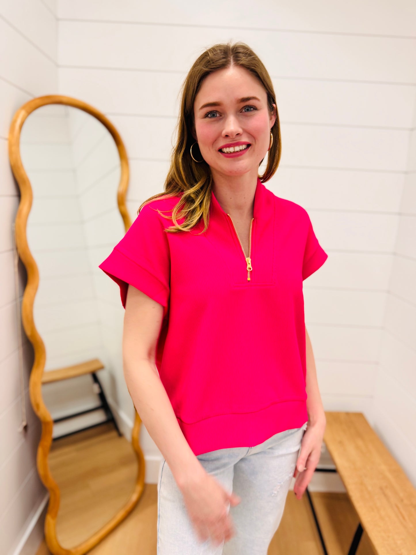 Half Zip Short Sleeve Top - Hot Pink