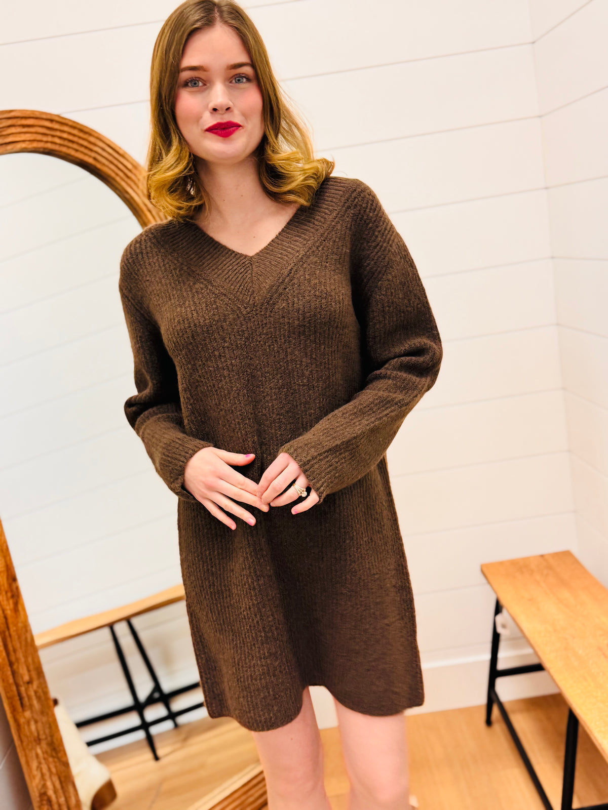 V Neck Sweater Dress