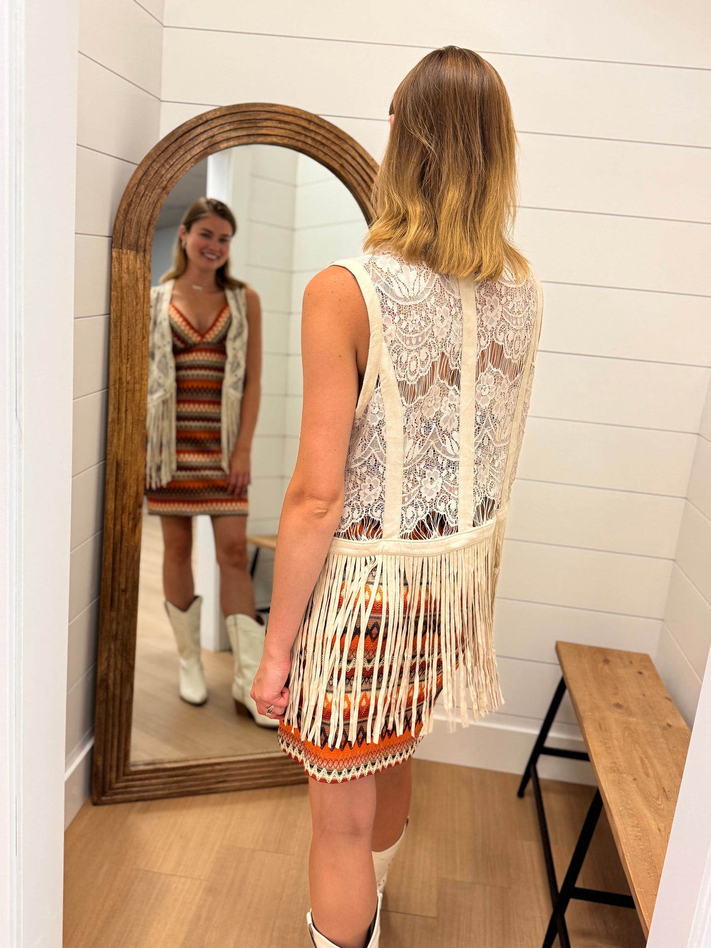 Lace + Suede Fringe Open Vest, SM-3XL