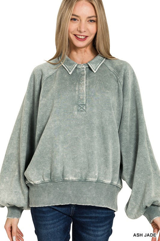 Acid Wash Fleece Button Up Collared Pullover