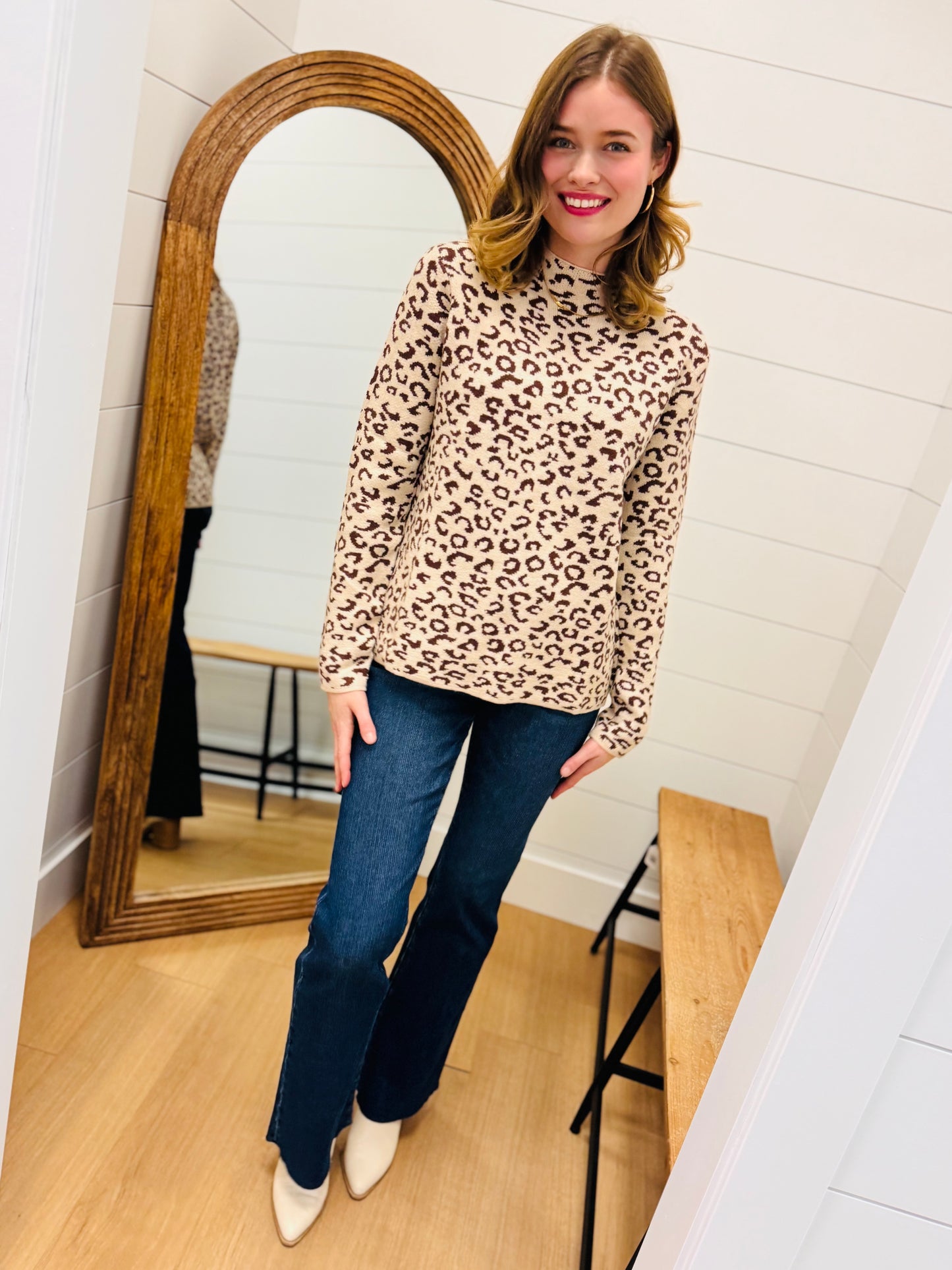 Leopard Print Mock Neck Knit Sweater