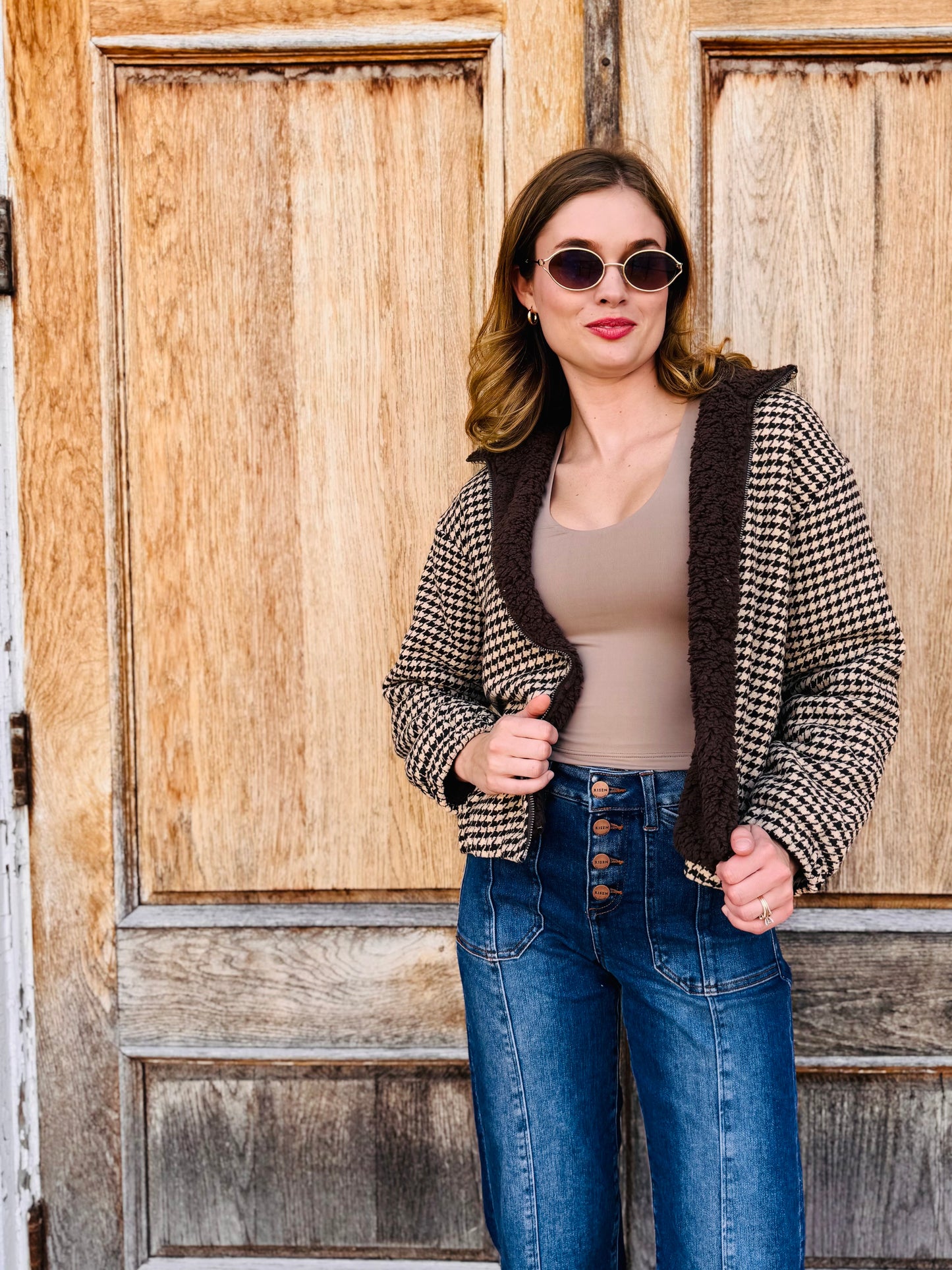 Houndstooth Sherpa Zip Up Jacket