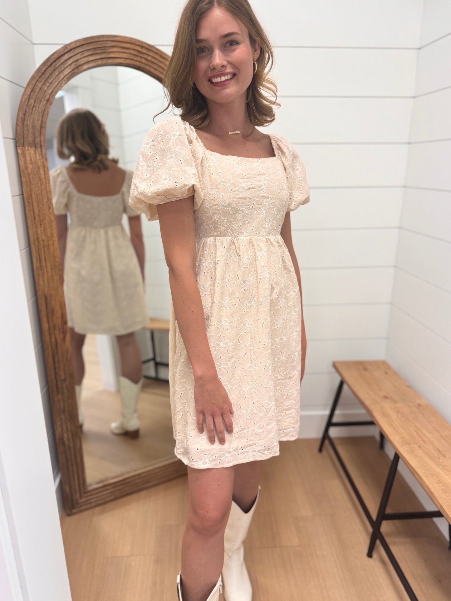 Smocked Cream Mini Dress