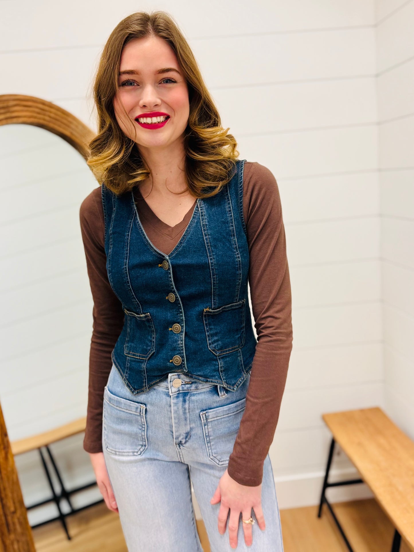 V Neck Sleeveless Button Down Denim Vest