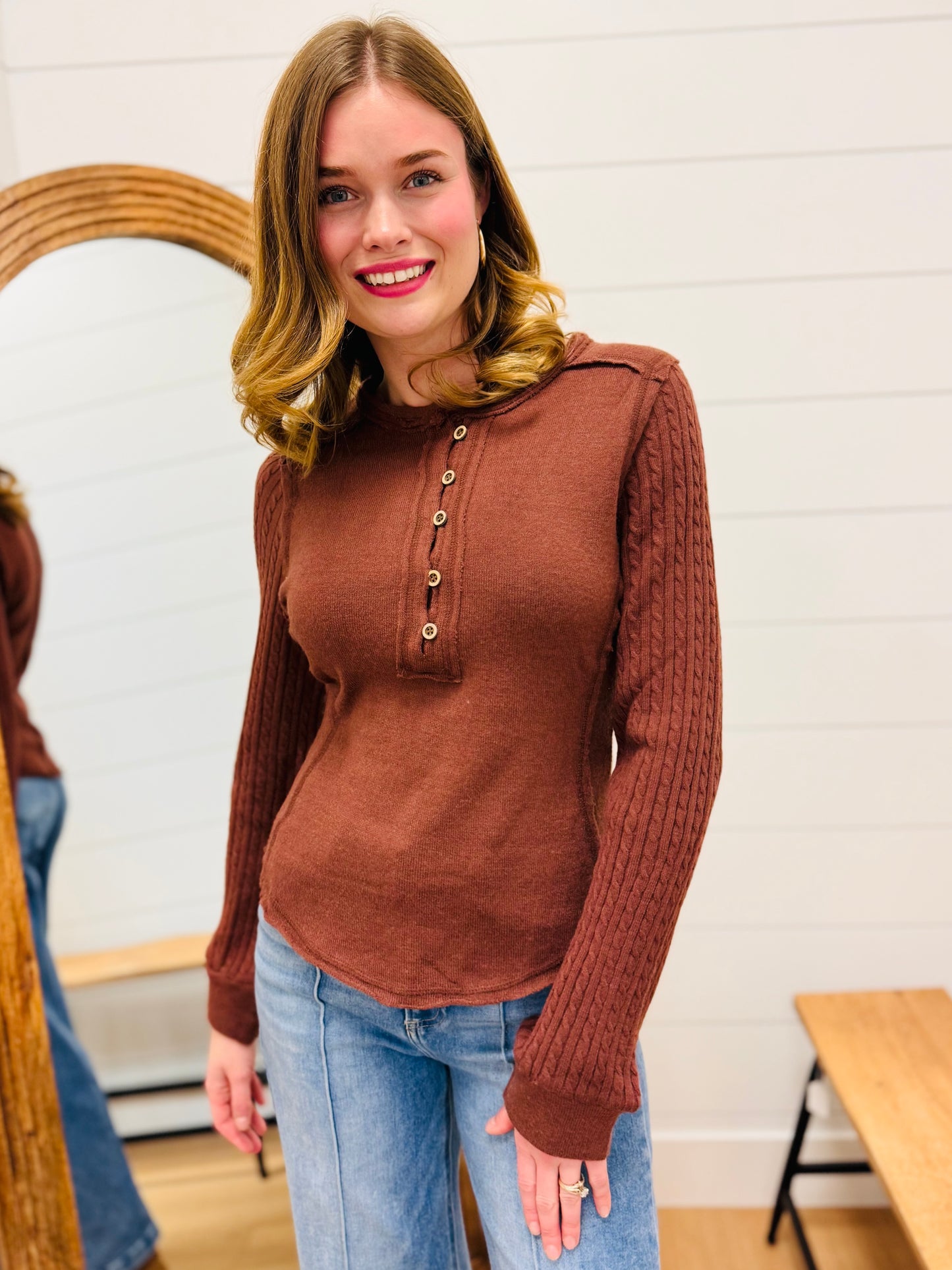 Button Down Top with Contrast Sleeve Stitching