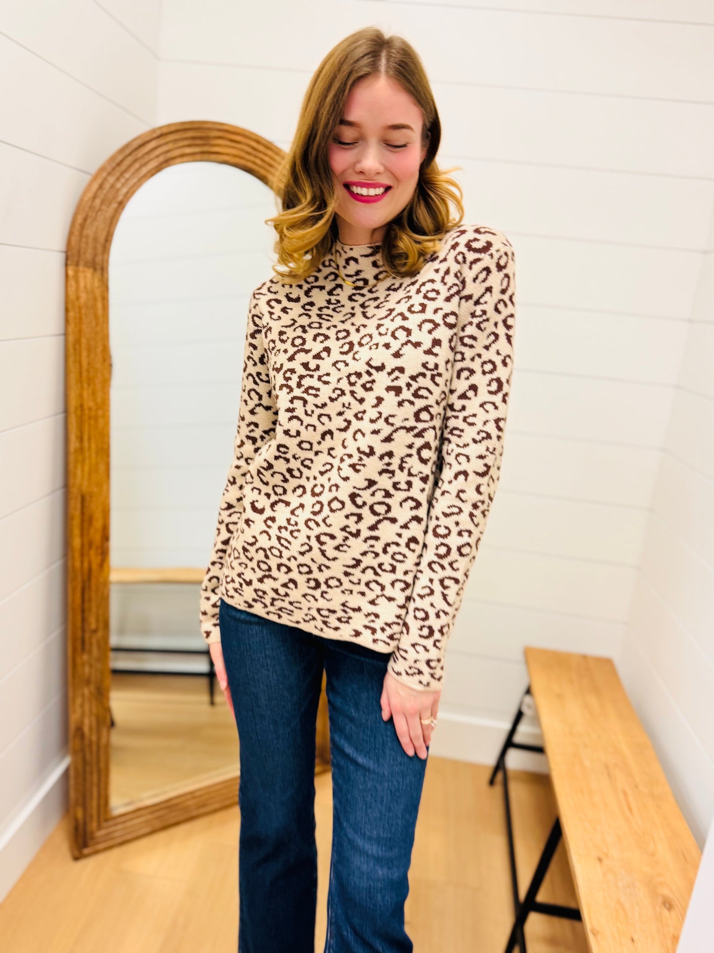 Leopard Print Mock Neck Knit Sweater