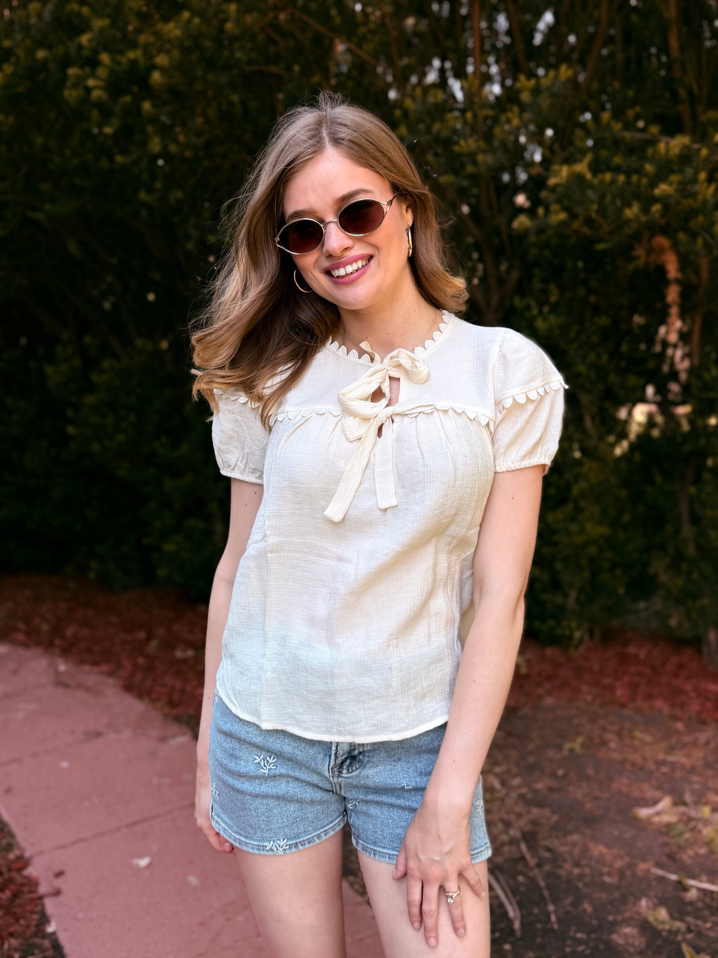 Scallop Trim Front Tie Detail Puff Sleeve Top