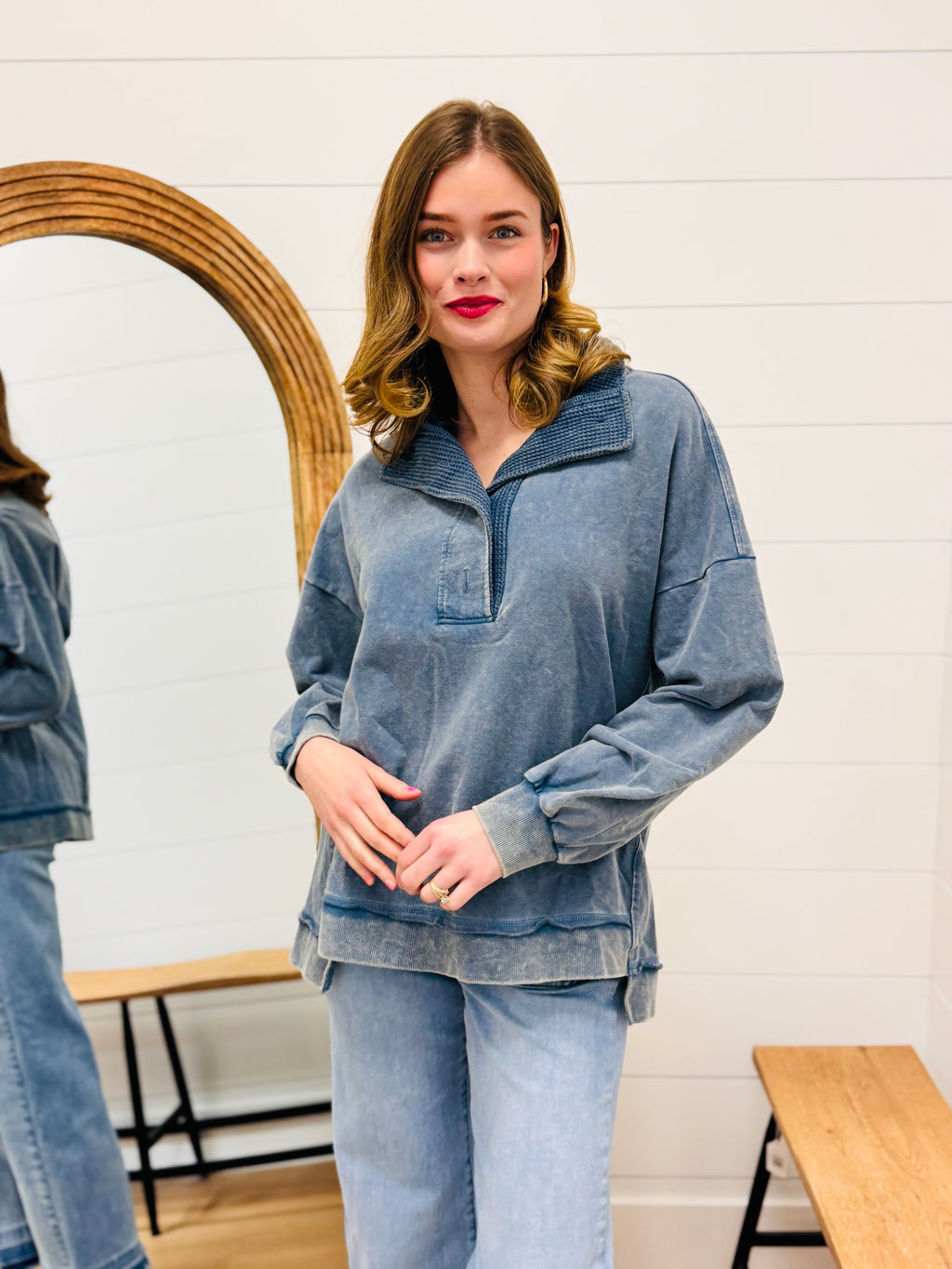 Half Button Down Contrast Pullover