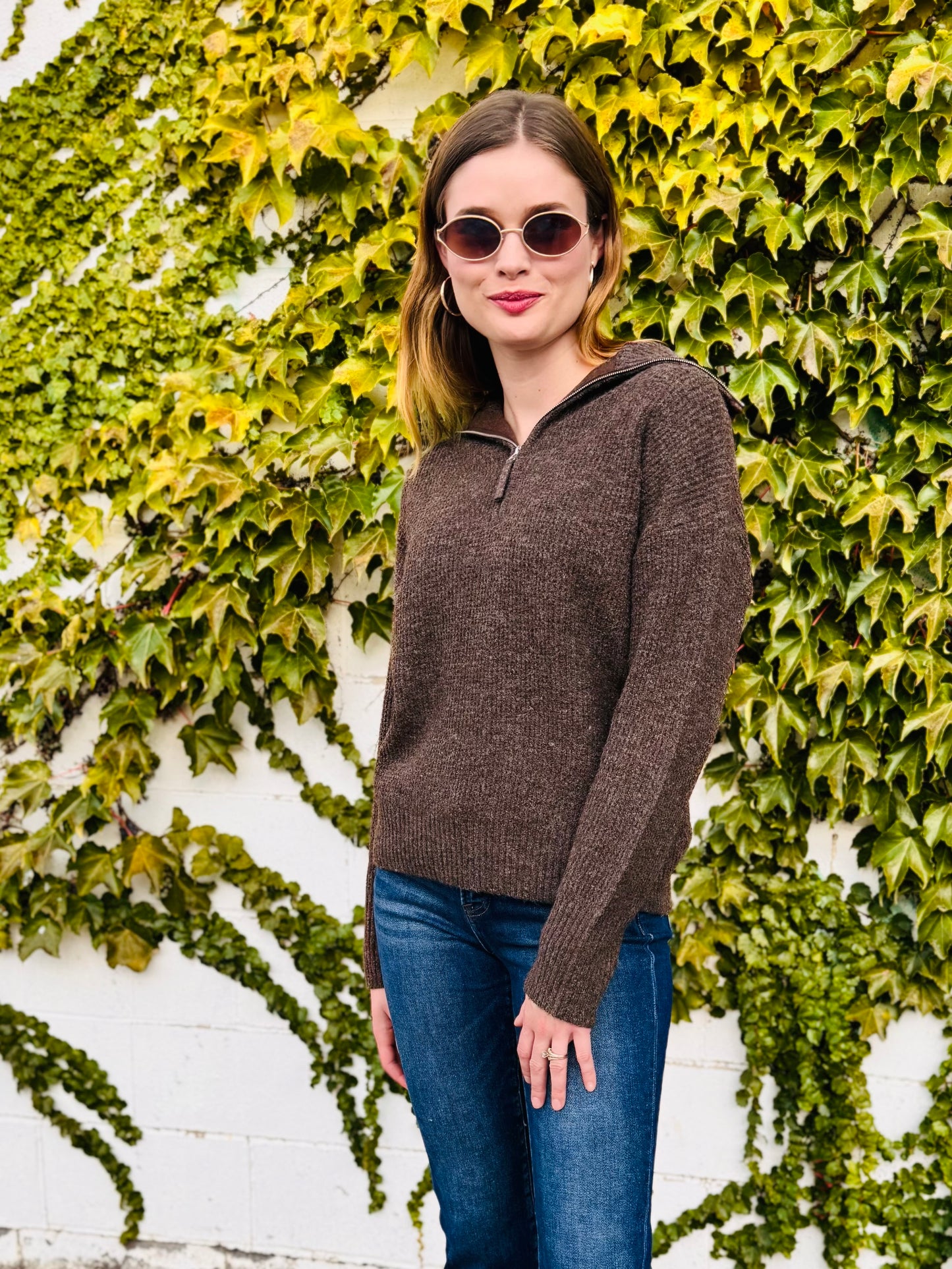 Brown Half Zip Pullover Sweater