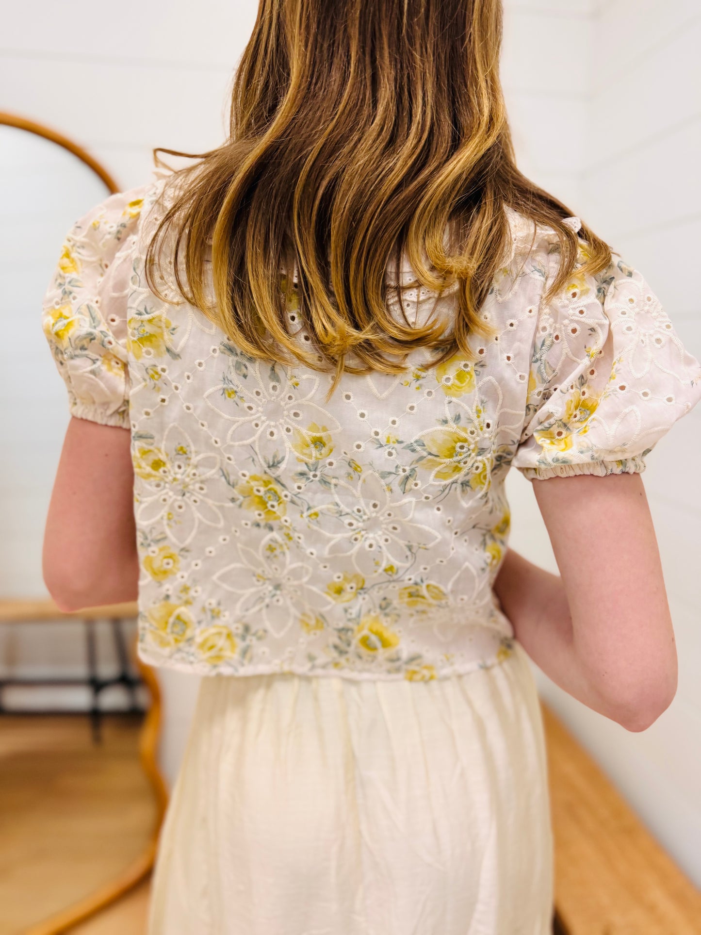 Floral Eyelet Pattern Collared Front Tie Blouse