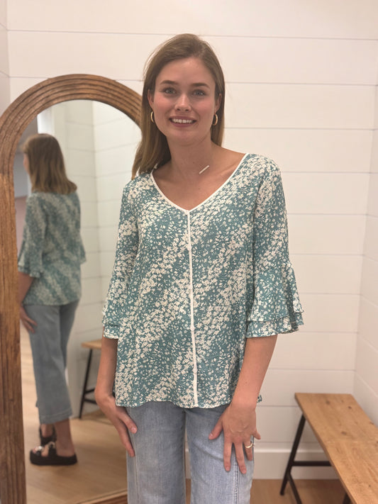 Floral Button Down with Ruffle Sleeve
