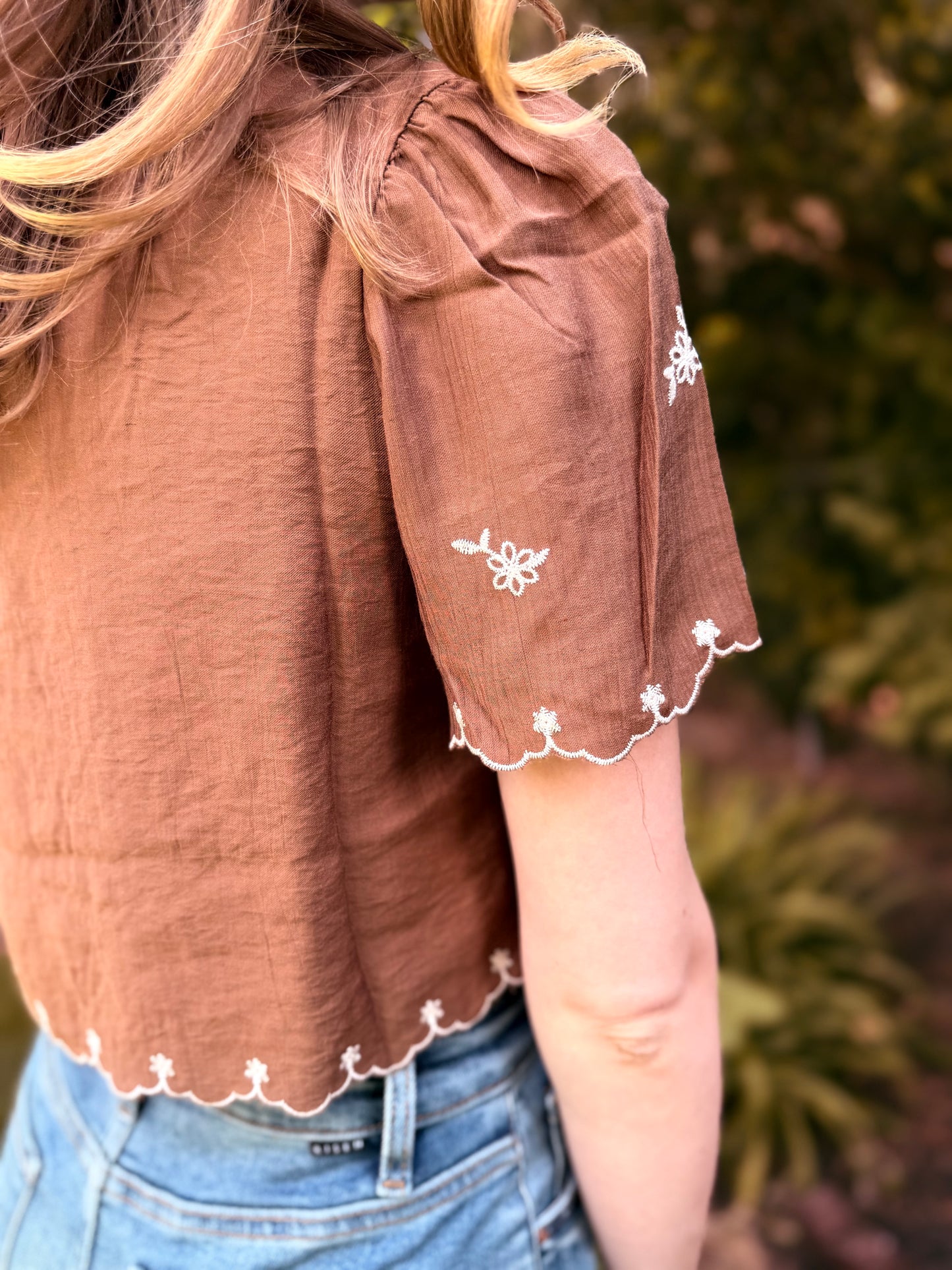 Bird Embroidery Short Sleeve Front Tie Top