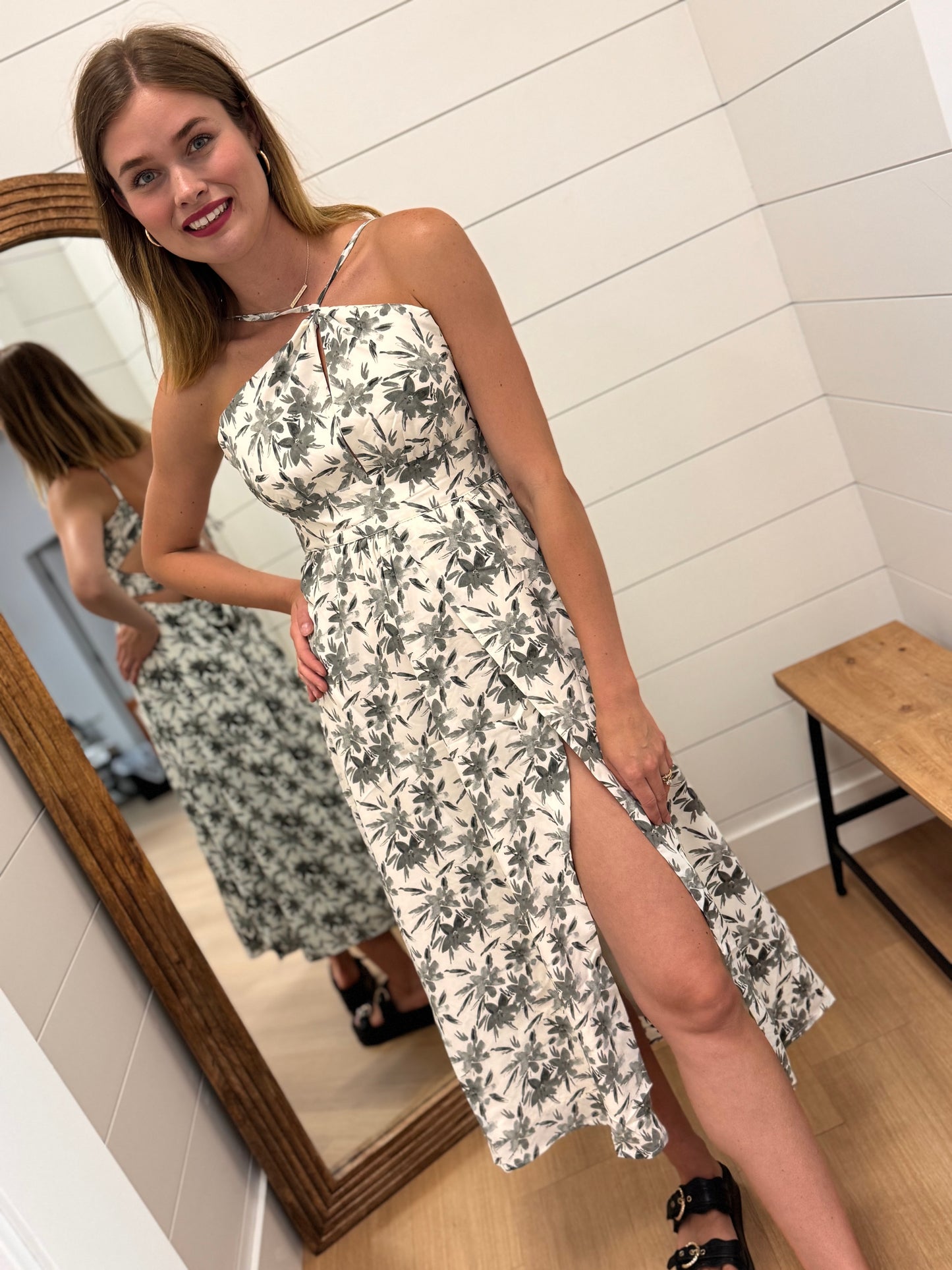 Ivory + Grey Floral Print Dress