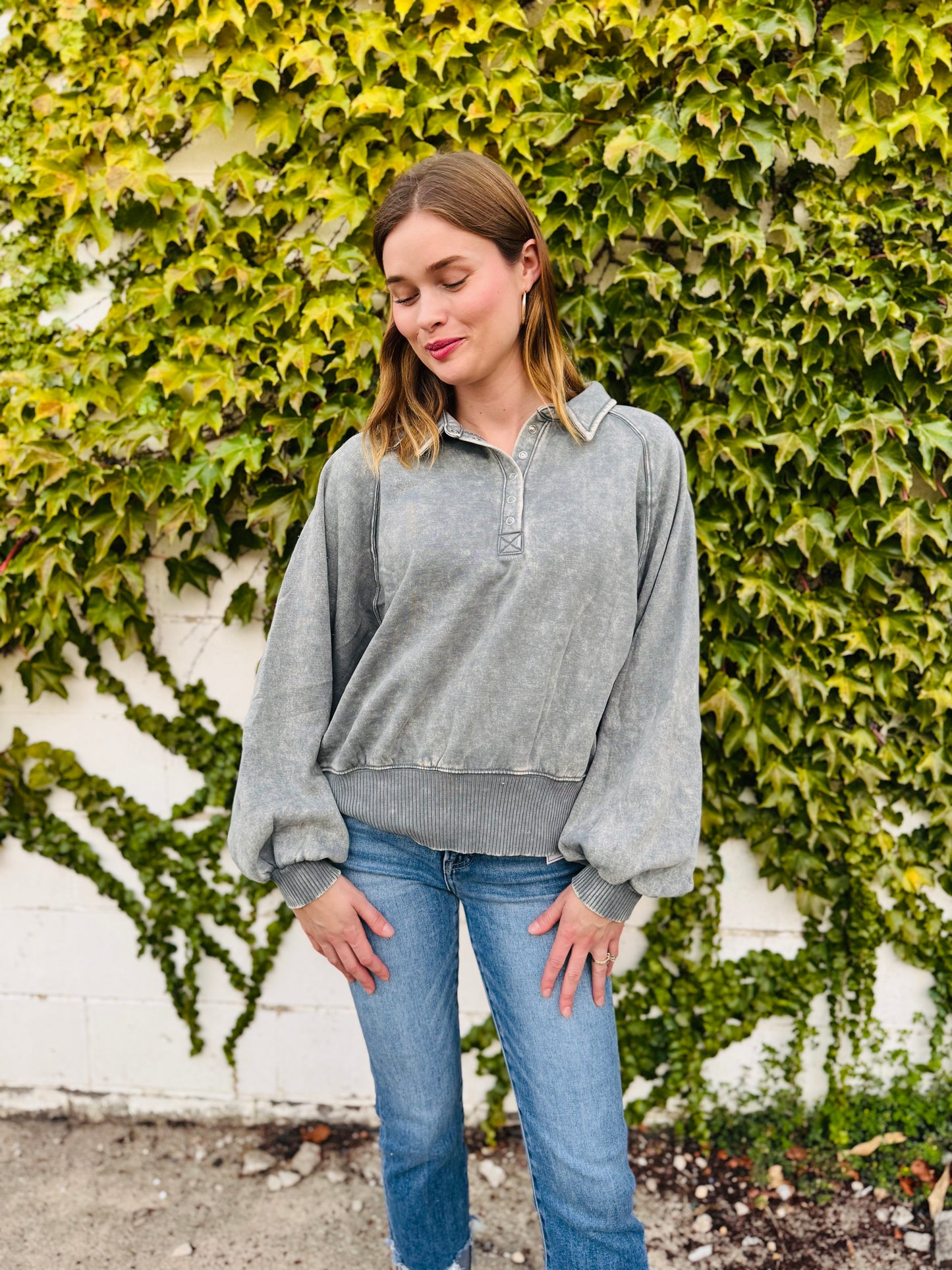 Acid Wash Fleece Button Up Collared Pullover