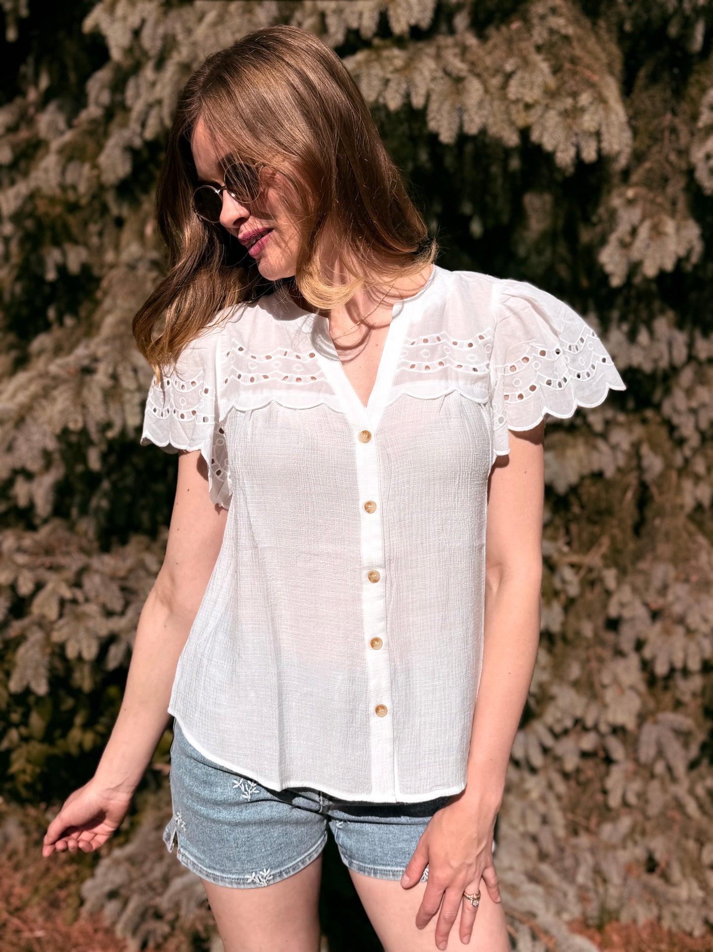 Eyelet Detail Button Down Scallop Sleeve Top