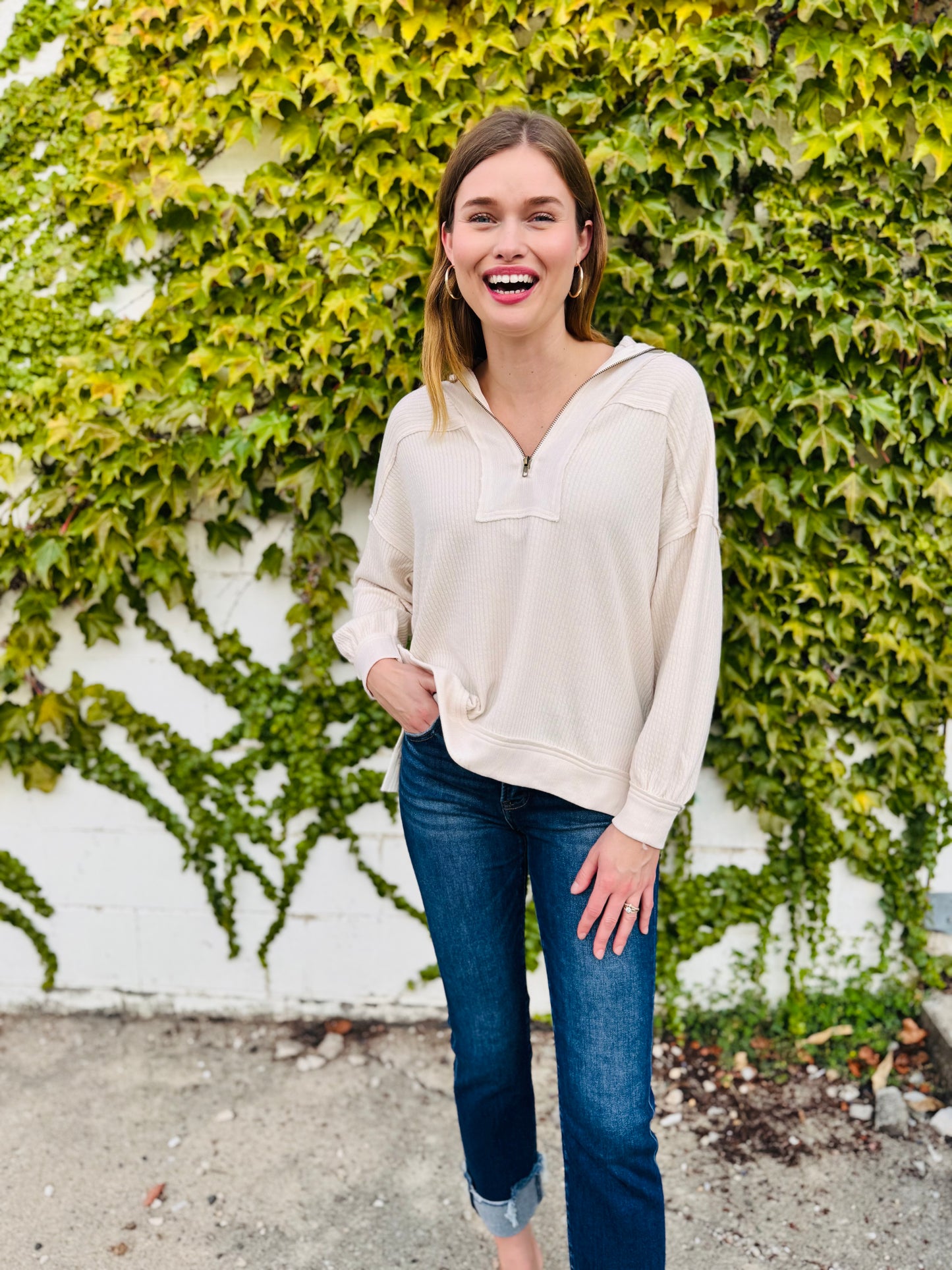 Half Zip Collared Long Sleeve Waffle Knit Top