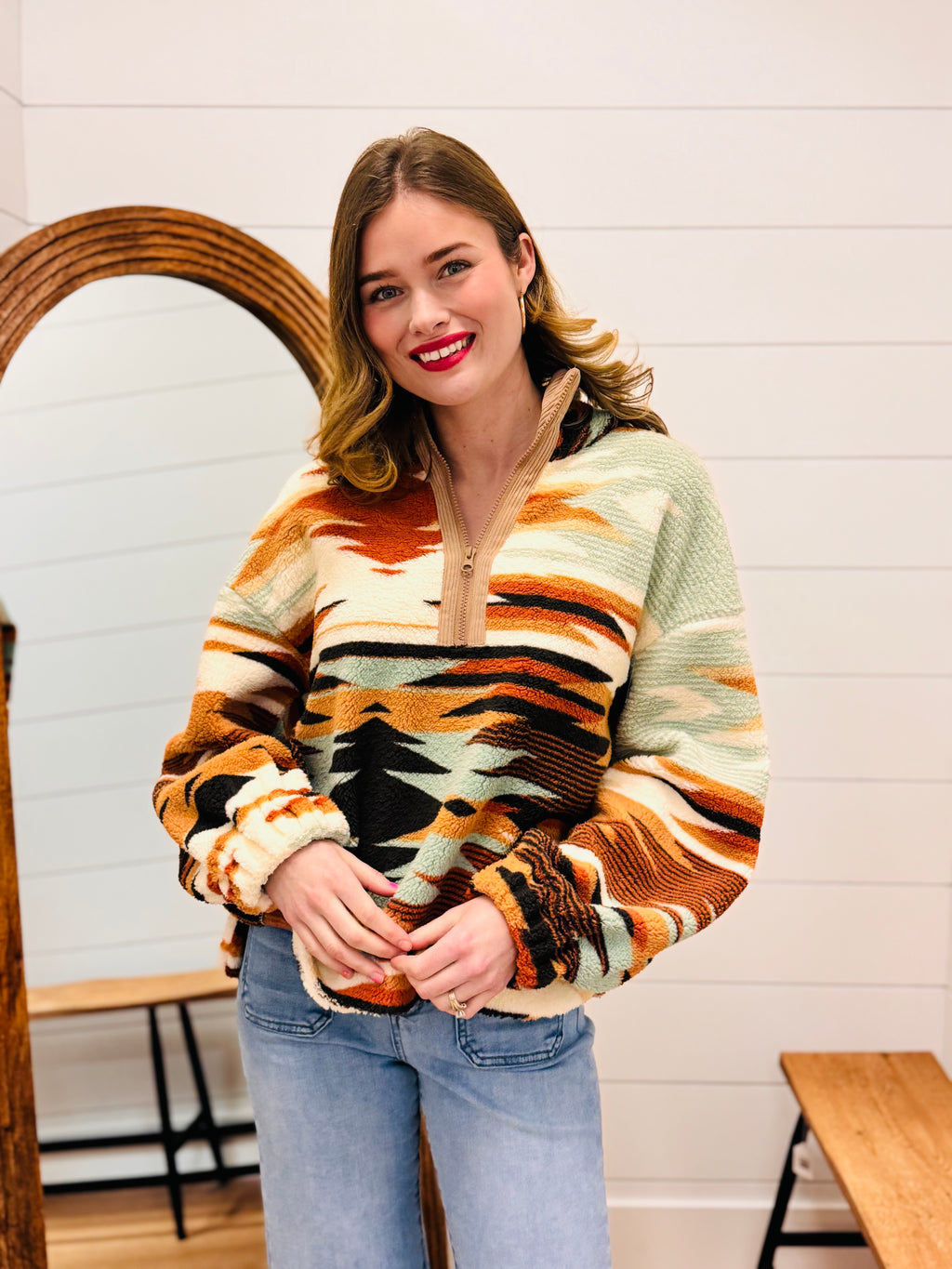 Half Zip Up Aztec Graphic Fleece Top