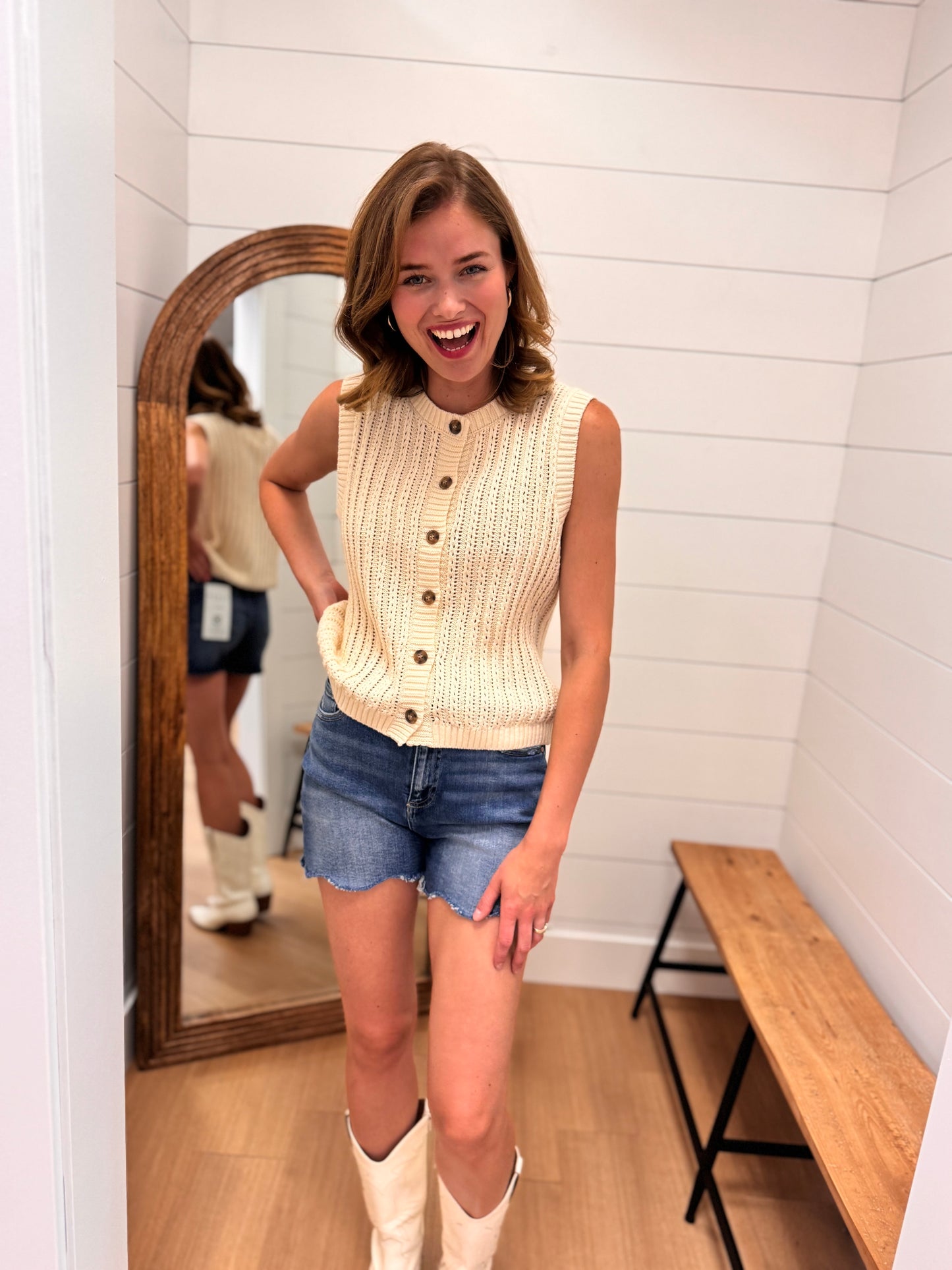 Crew Neck Button Down Cardigan Tank Top