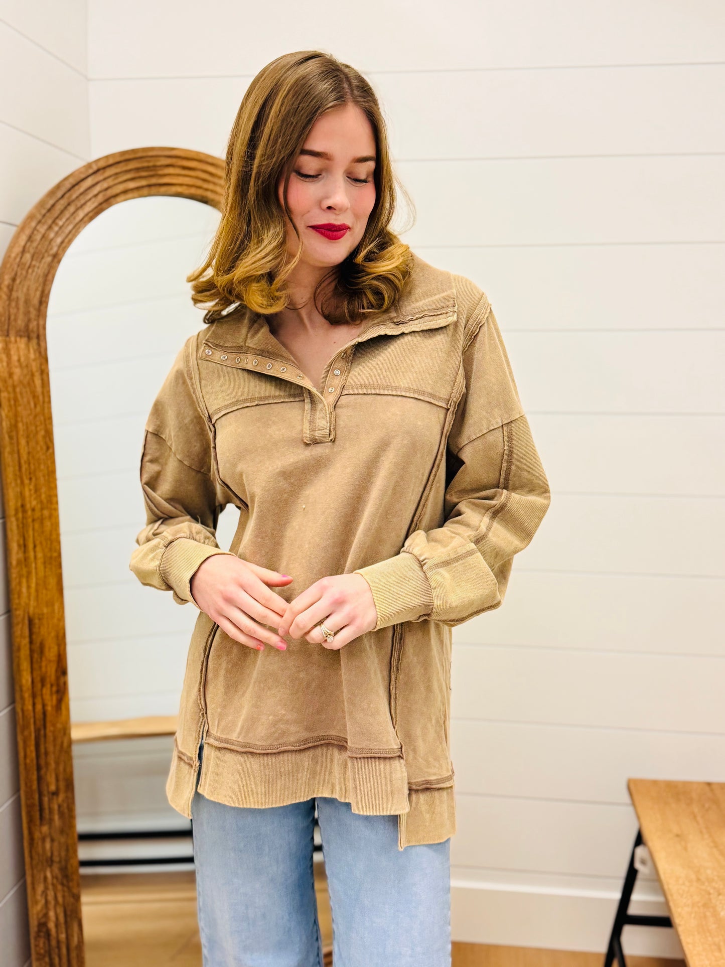 Half Button Down Pullover - Mocha