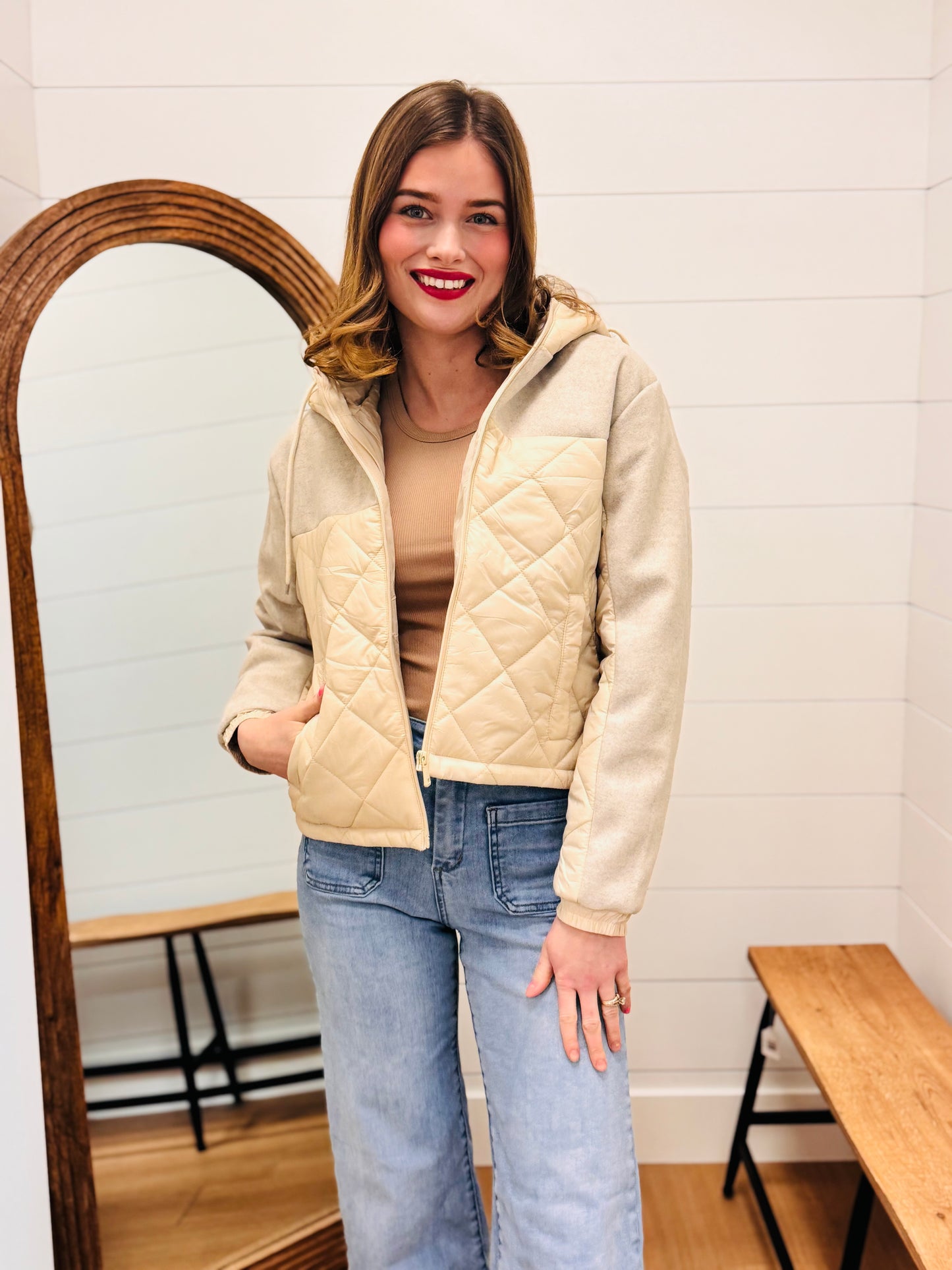 Contrasting Quilted And Soft Hoodie Jacket