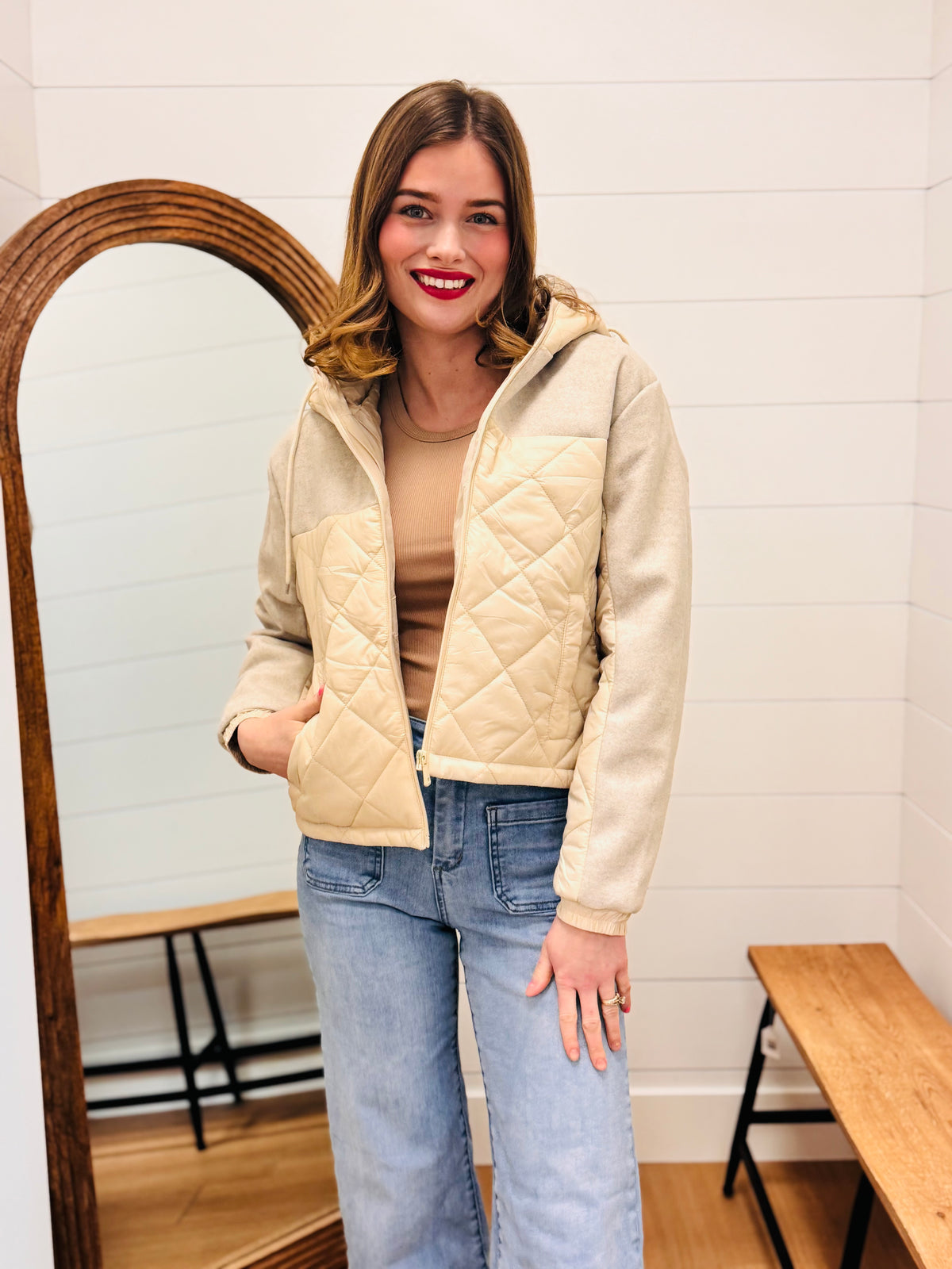 Contrasting Quilted And Soft Hoodie Jacket