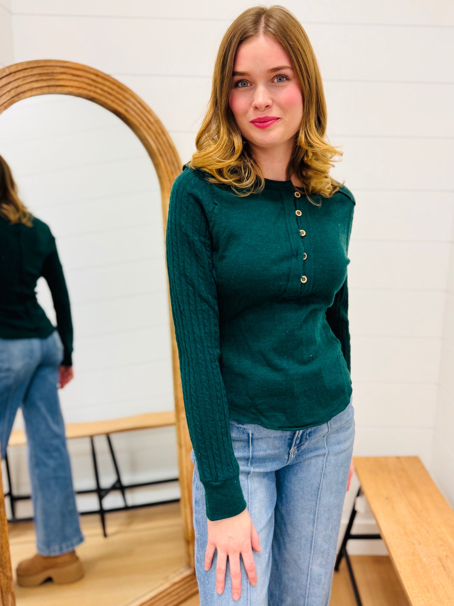 Button Down Top with Contrast Sleeve Stitching