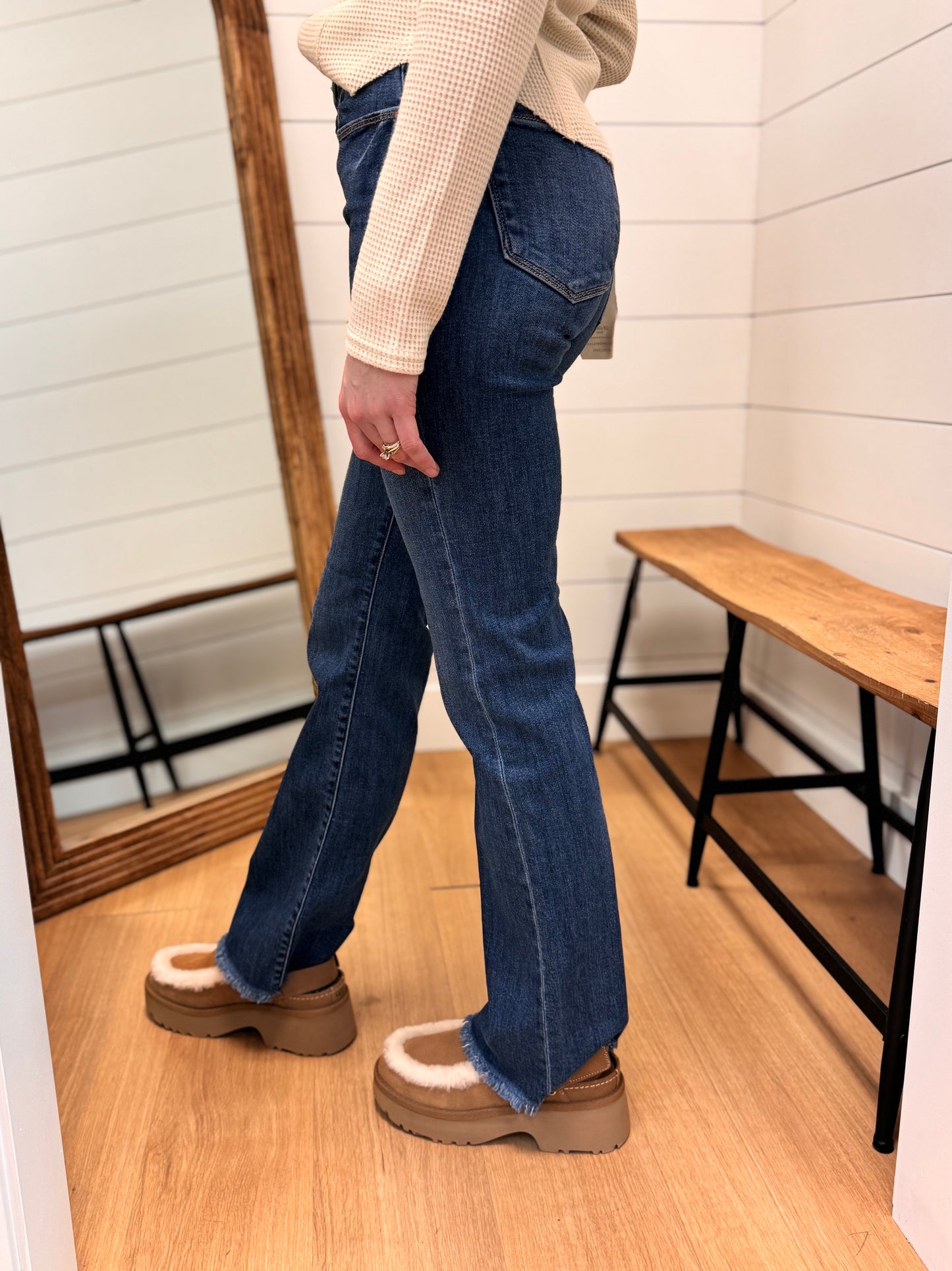 Mid Rise Bootcut Frayed Waistband Hem Detail Jeans