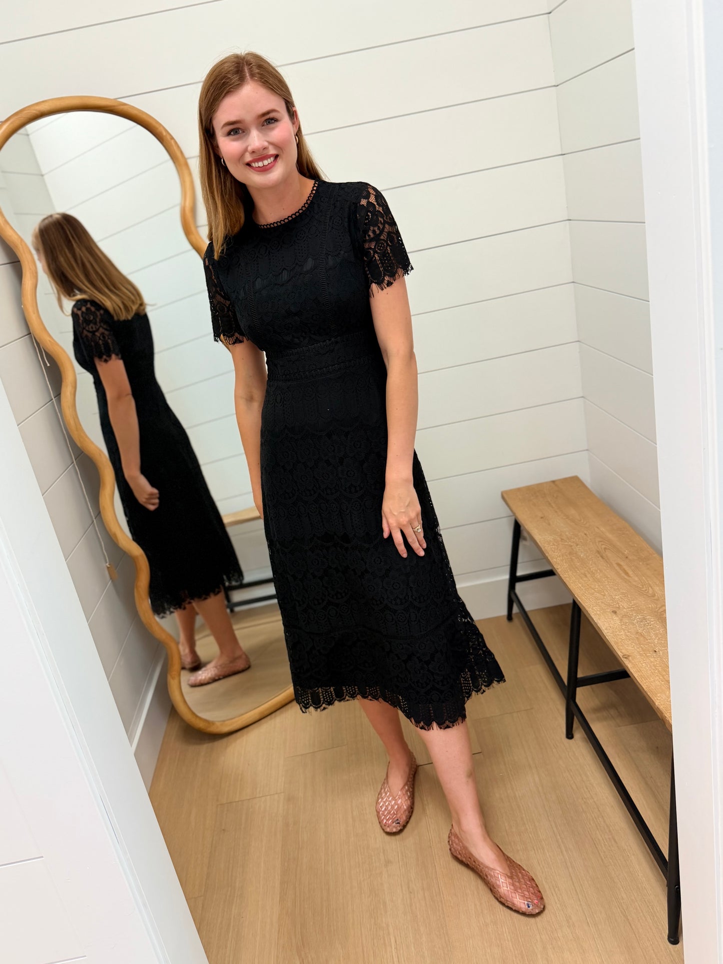 Lace Scalloped Short Sleeve Midi Dress