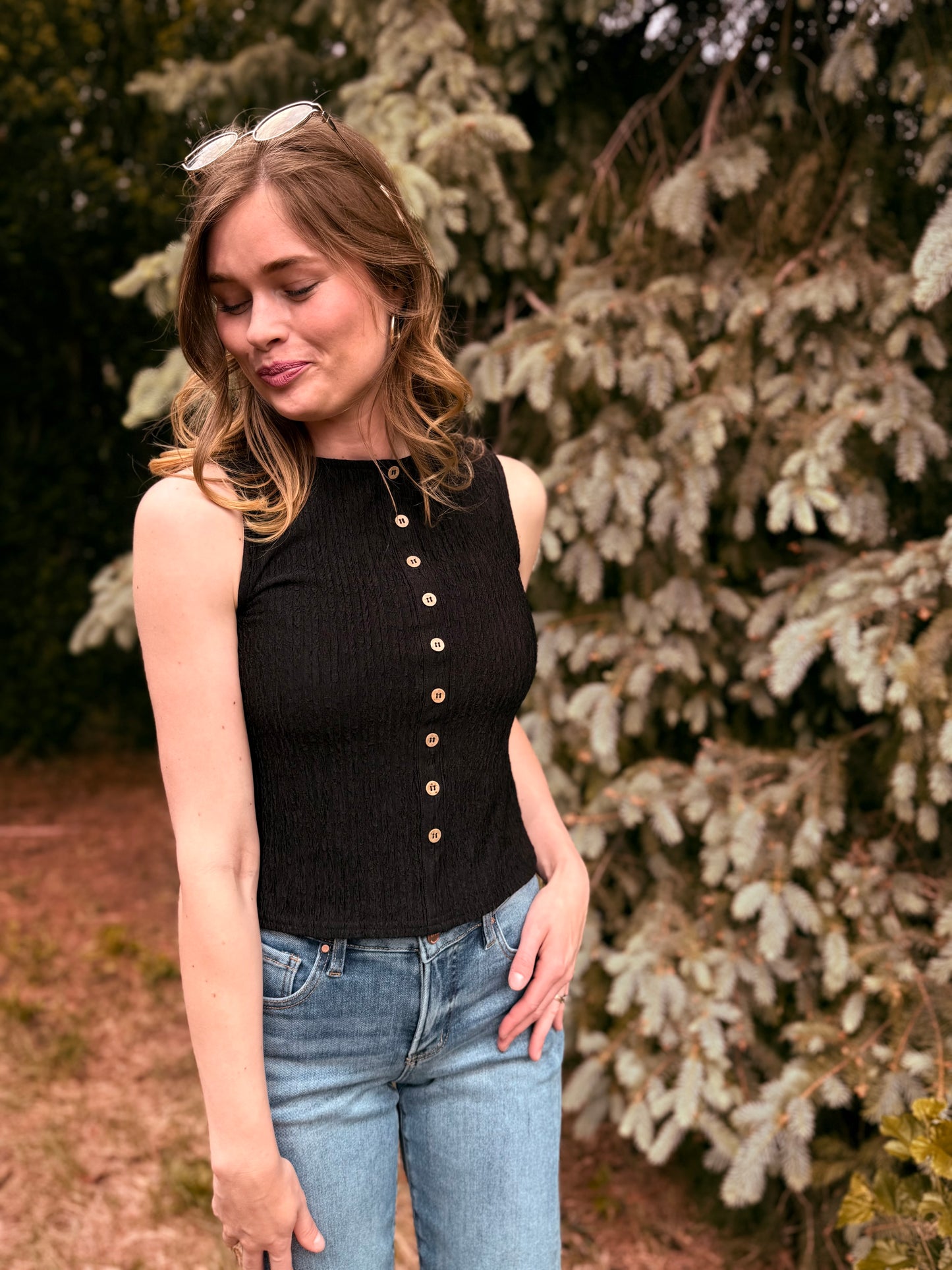 Textured Button Sleeveless Top