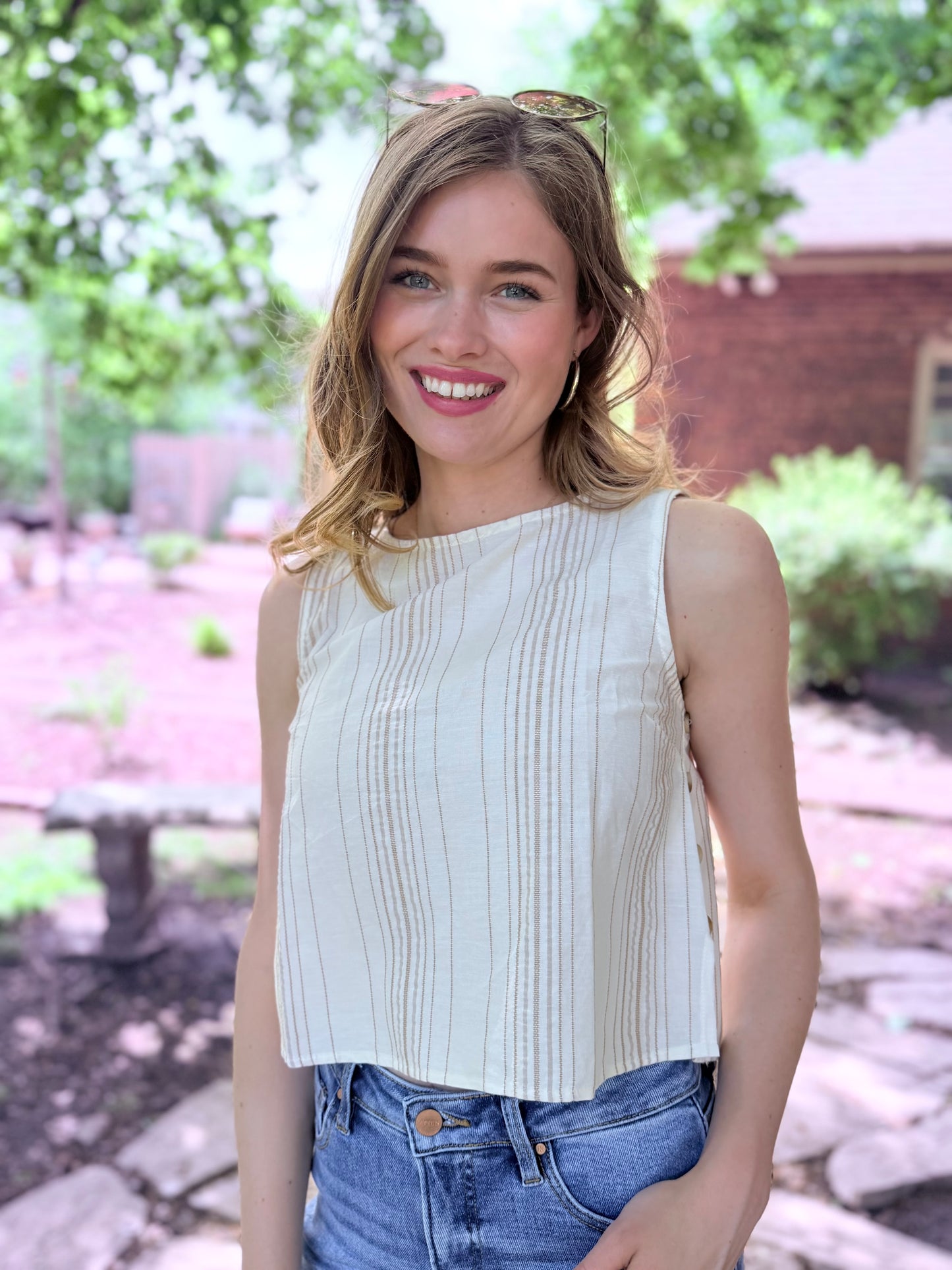Stripe Sleeveless Side Button Detail Top