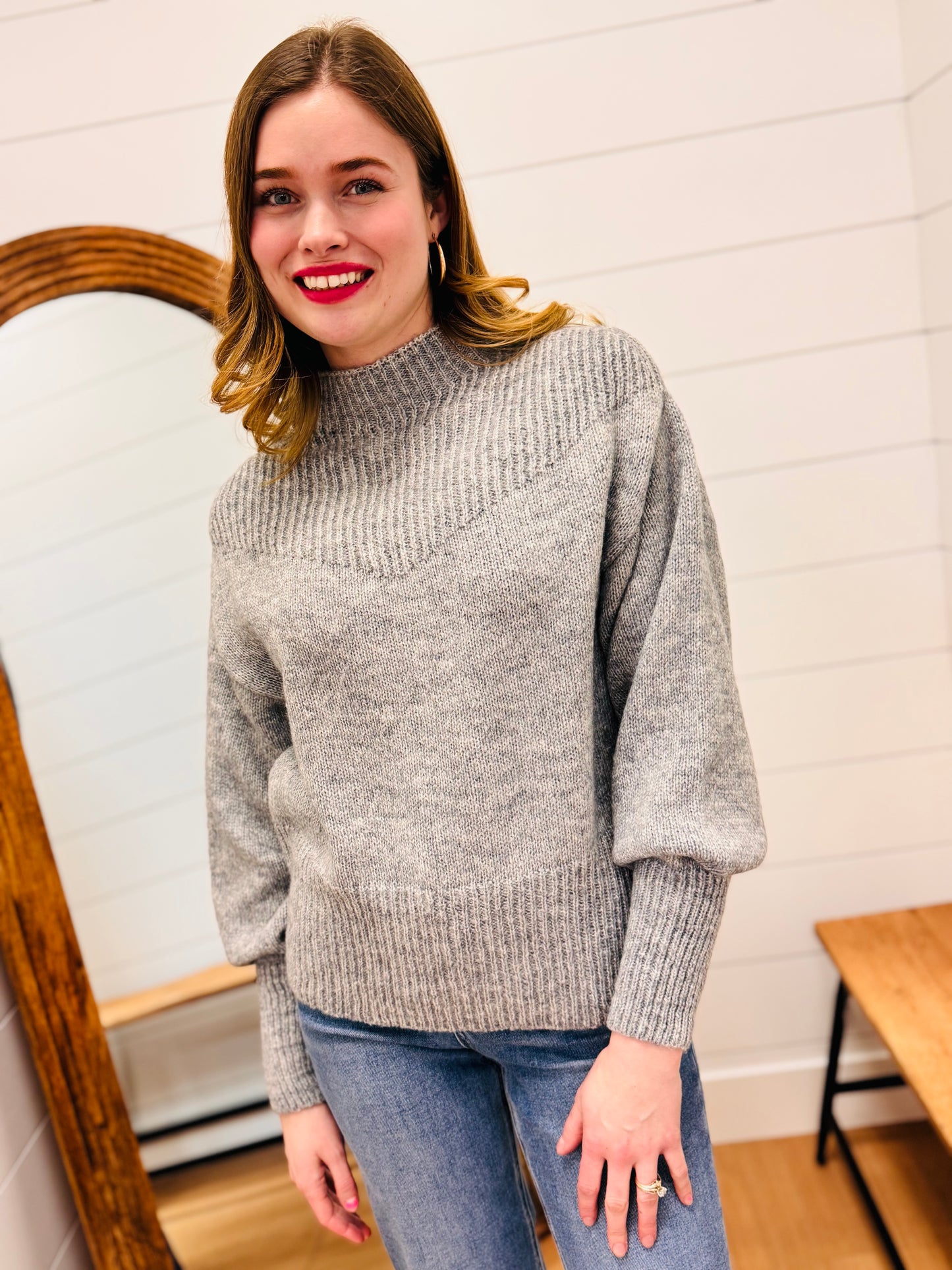 Balloon Sleeve Mock Neck Sweater