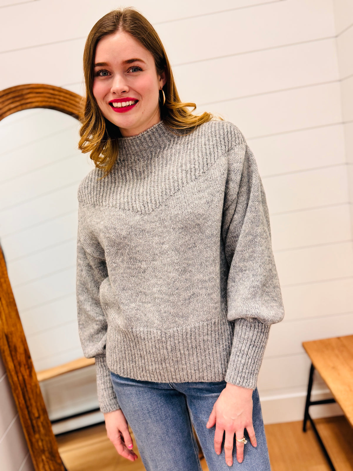 Balloon Sleeve Mock Neck Sweater