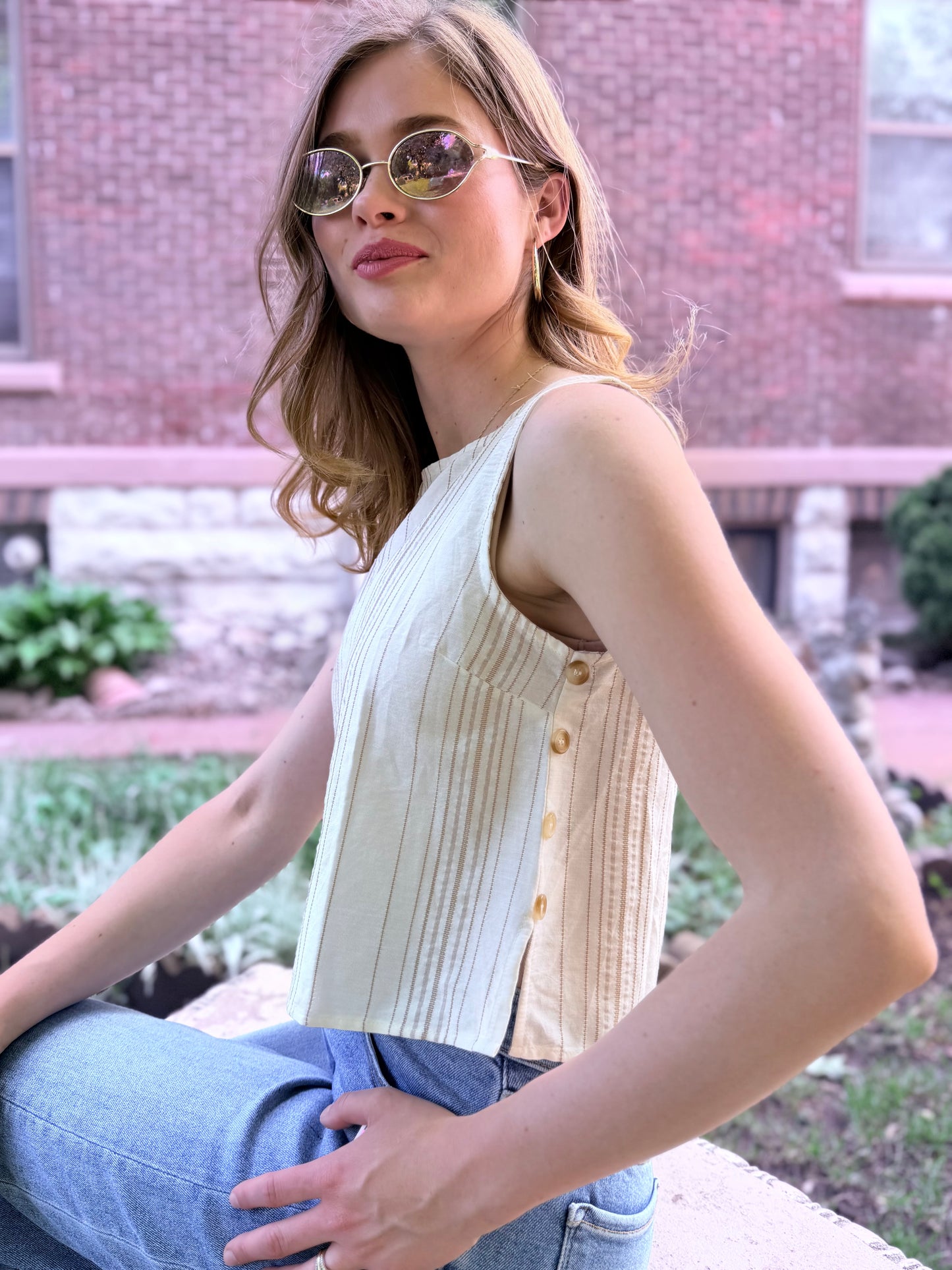 Stripe Sleeveless Side Button Detail Top