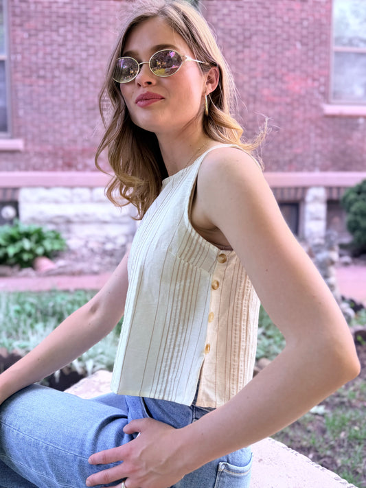 Stripe Sleeveless Side Button Detail Top