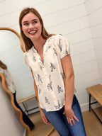 Floral Line Print Split Neck Button Down Linen Top
