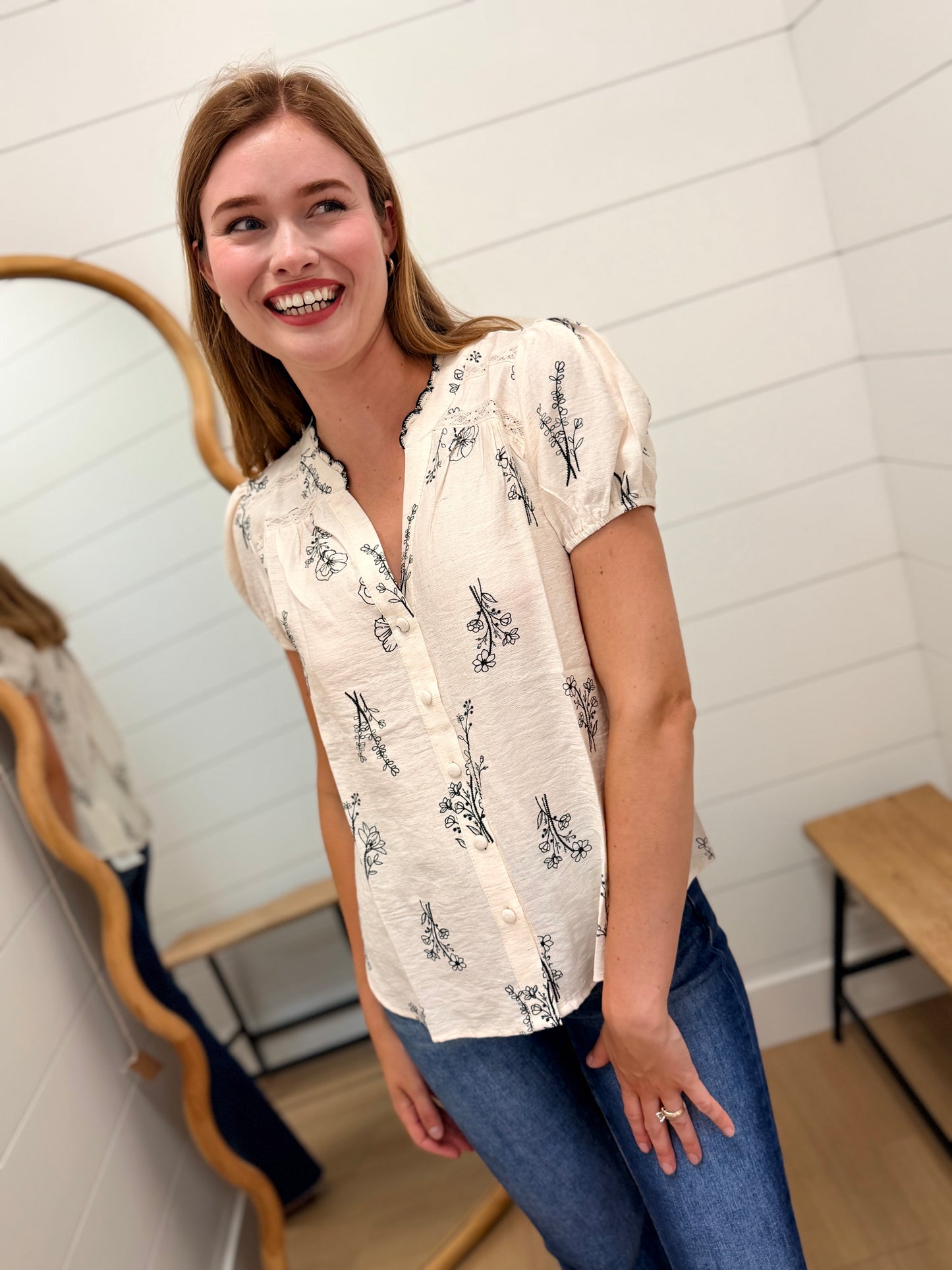 Floral Line Print Split Neck Button Down Linen Top