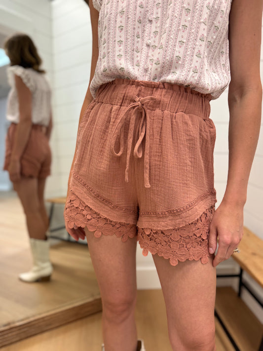Elastic Waist Shorts with Lace Details