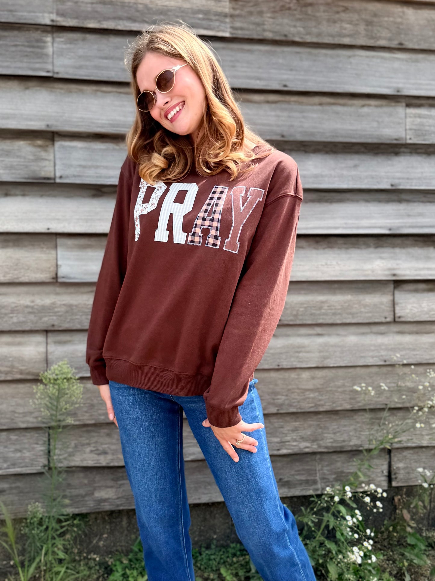 Pray Floral Stripe Gingham Embroidered Patch Sweatshirt