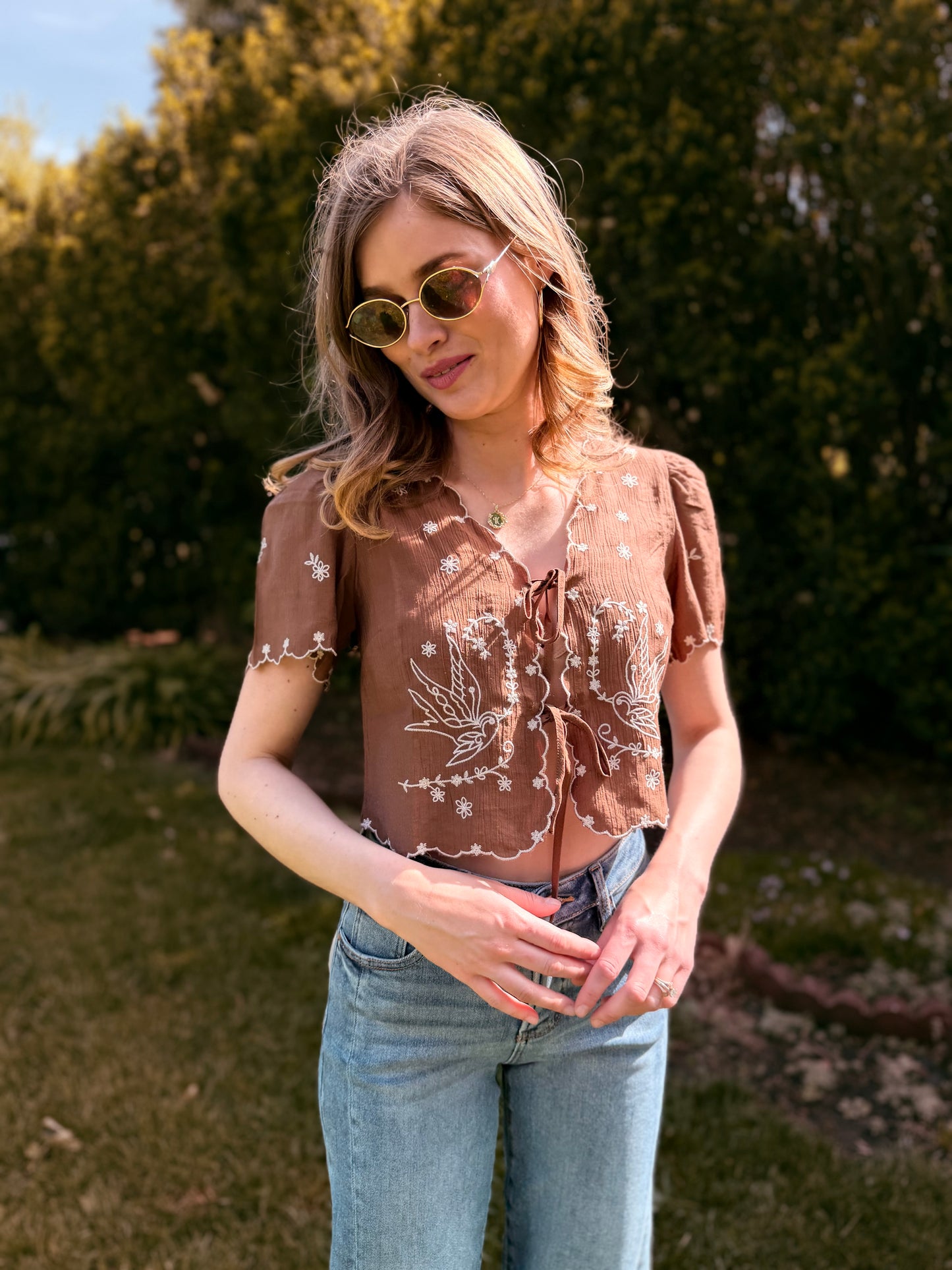 Bird Embroidery Short Sleeve Front Tie Top