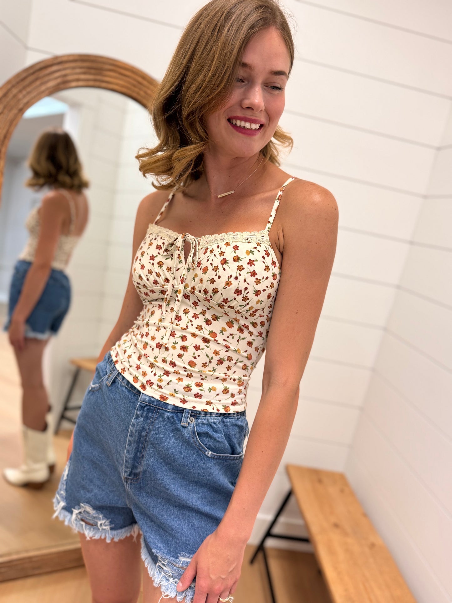 Floral Lace Trim Front Tie Cami