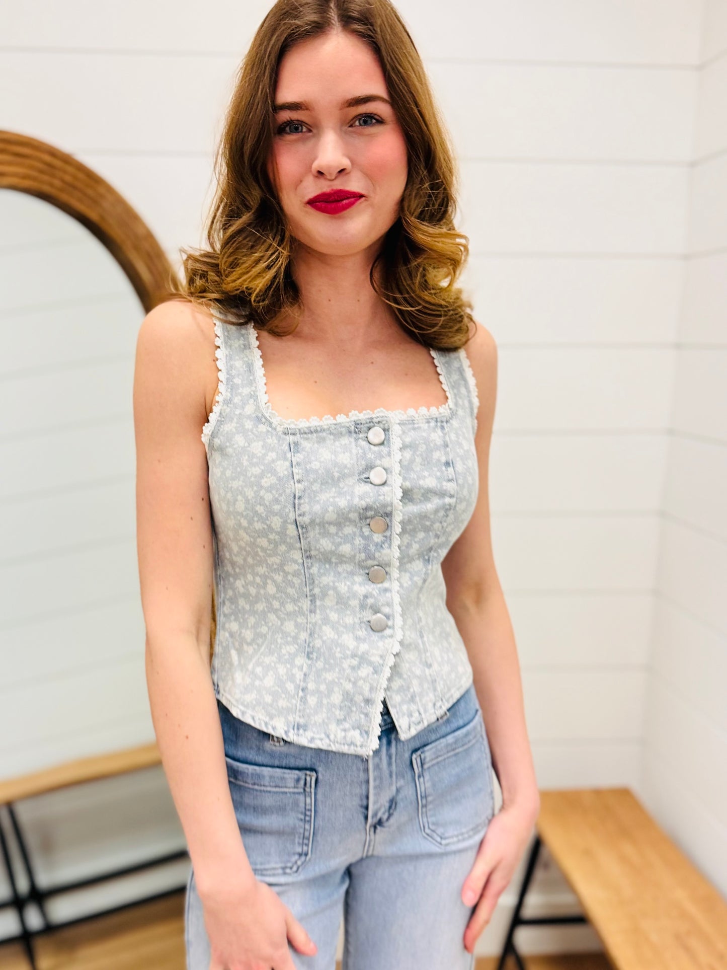 Jacquard Denim Floral Pattern Lace Trim Vest Top