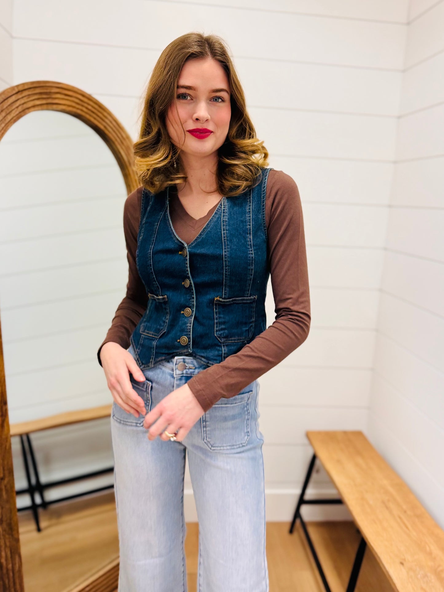 V Neck Sleeveless Button Down Denim Vest