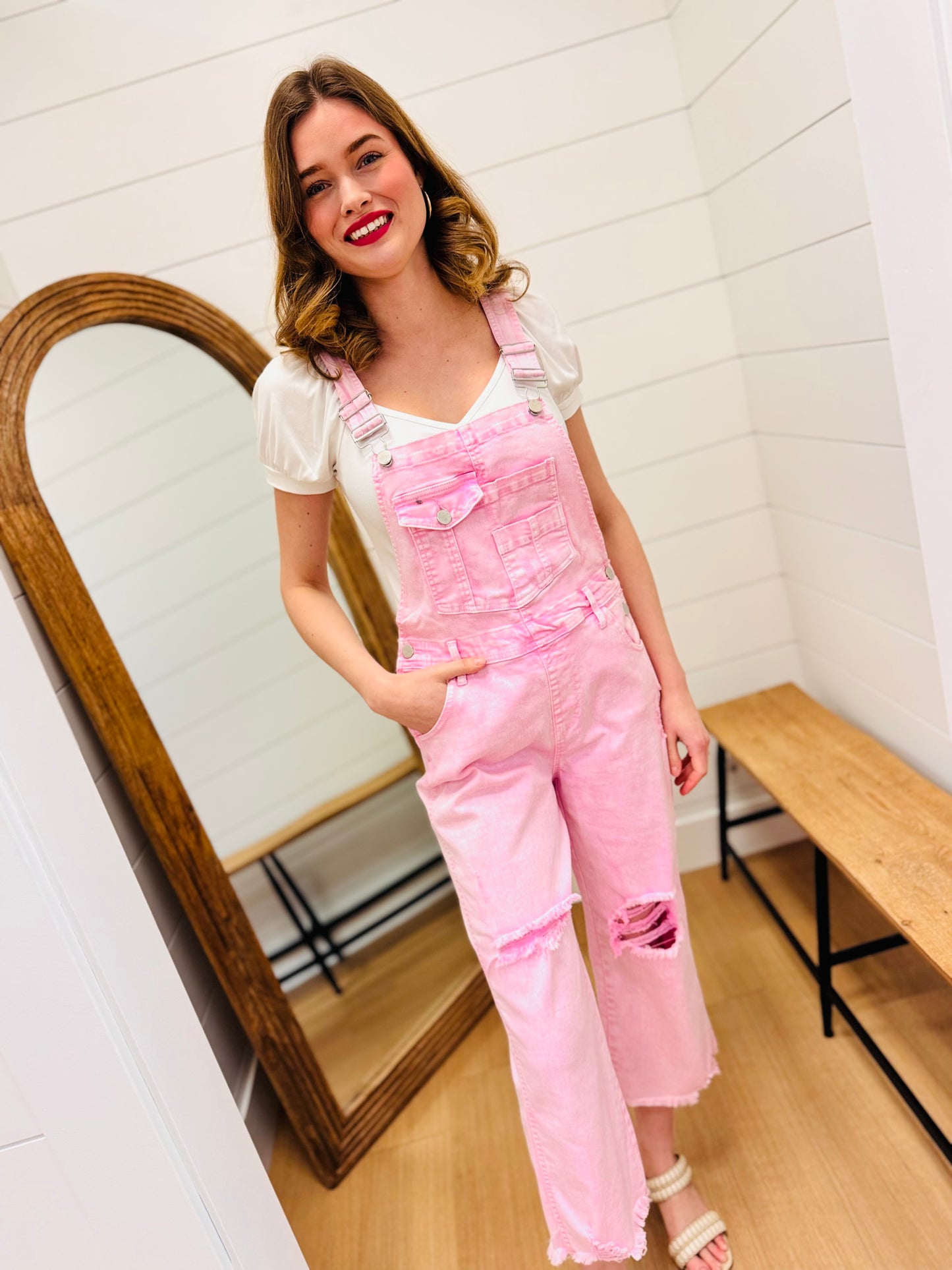 Distressed Pink Overalls - Risen