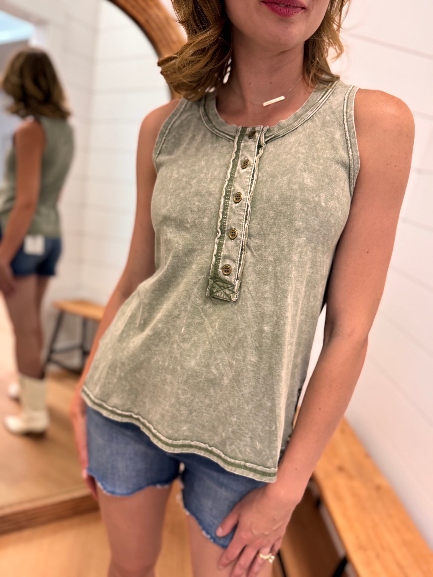 Washed Look Olive Tank Top
