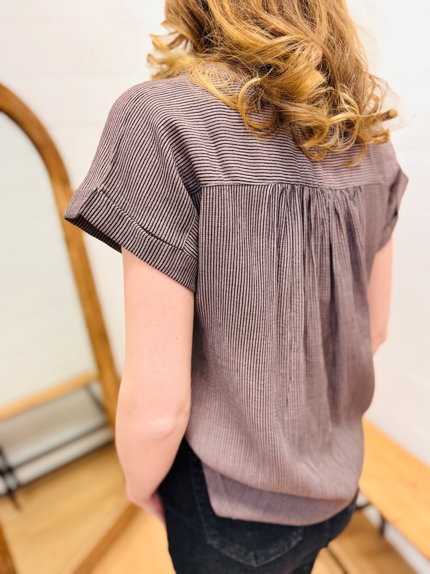 Pinstripe Short Cuff Sleeve Button Down Shirt