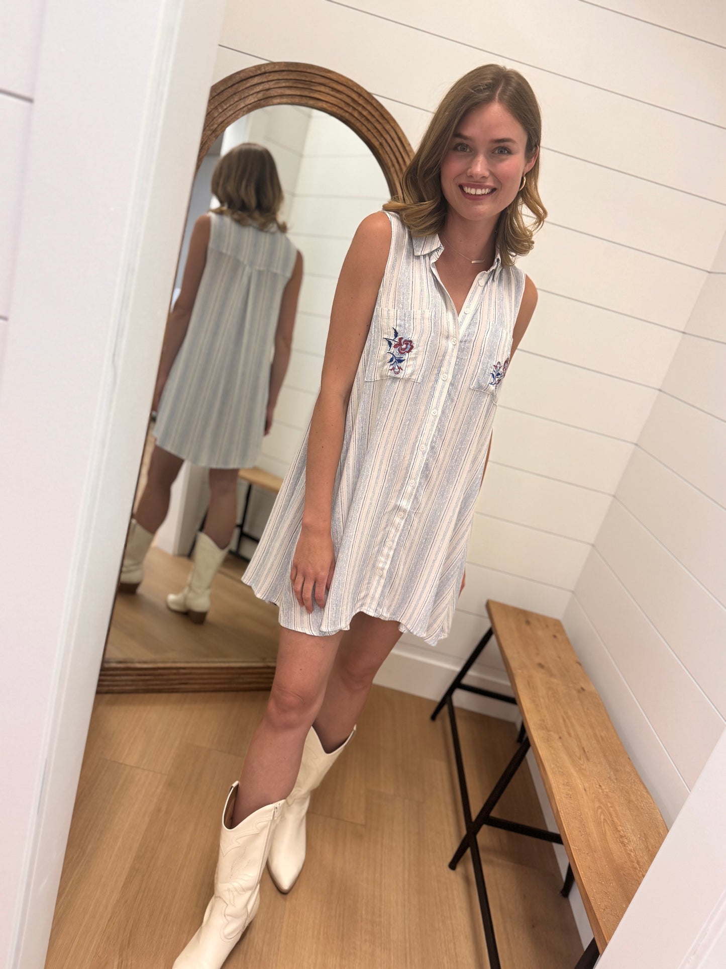 Striped Sleeveless Floral Embroidery Dress