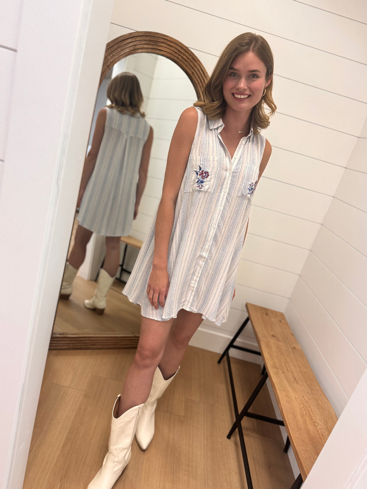 Striped Sleeveless Floral Embroidery Dress