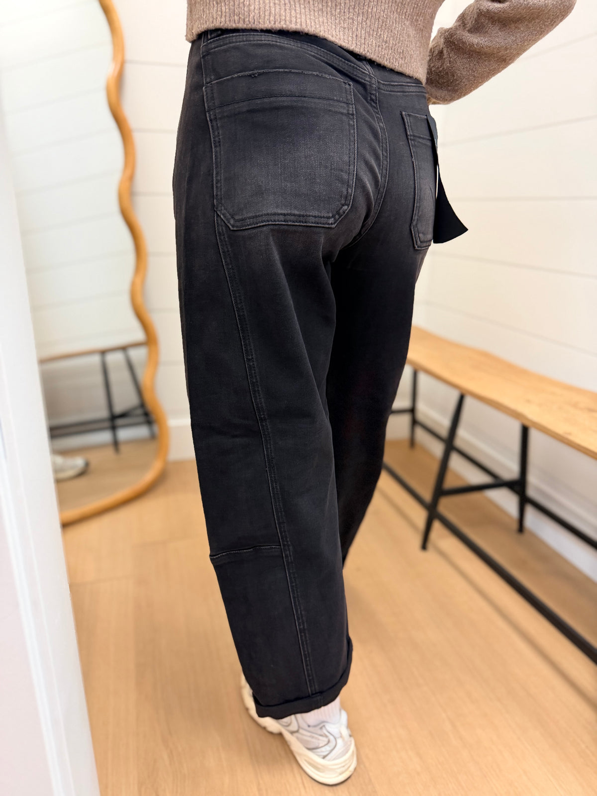 High Rise Black Barrel Cuffed Hem Jeans - Risen